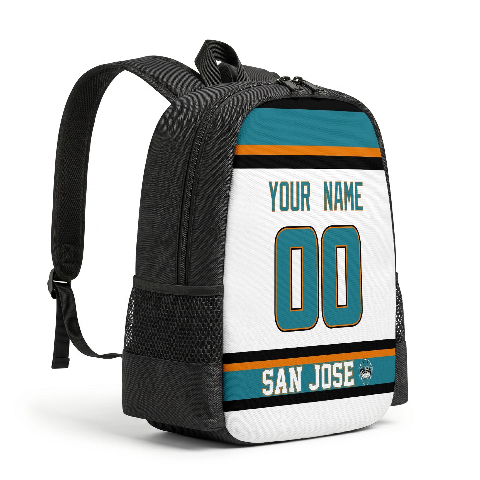 San Jose personalized hockey backpack alternate angled view with side pocket