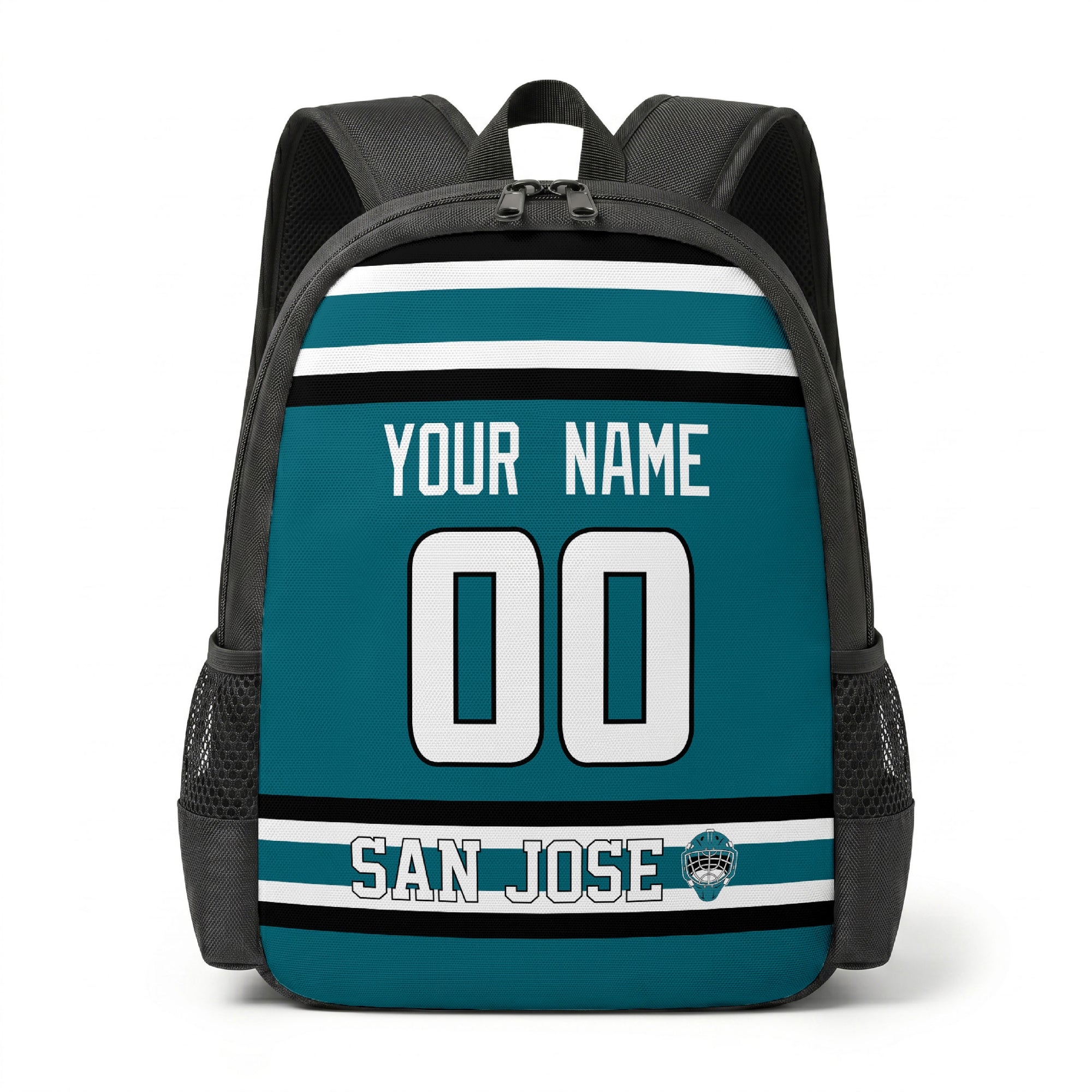 San Jose hockey backpack front view with custom name and number