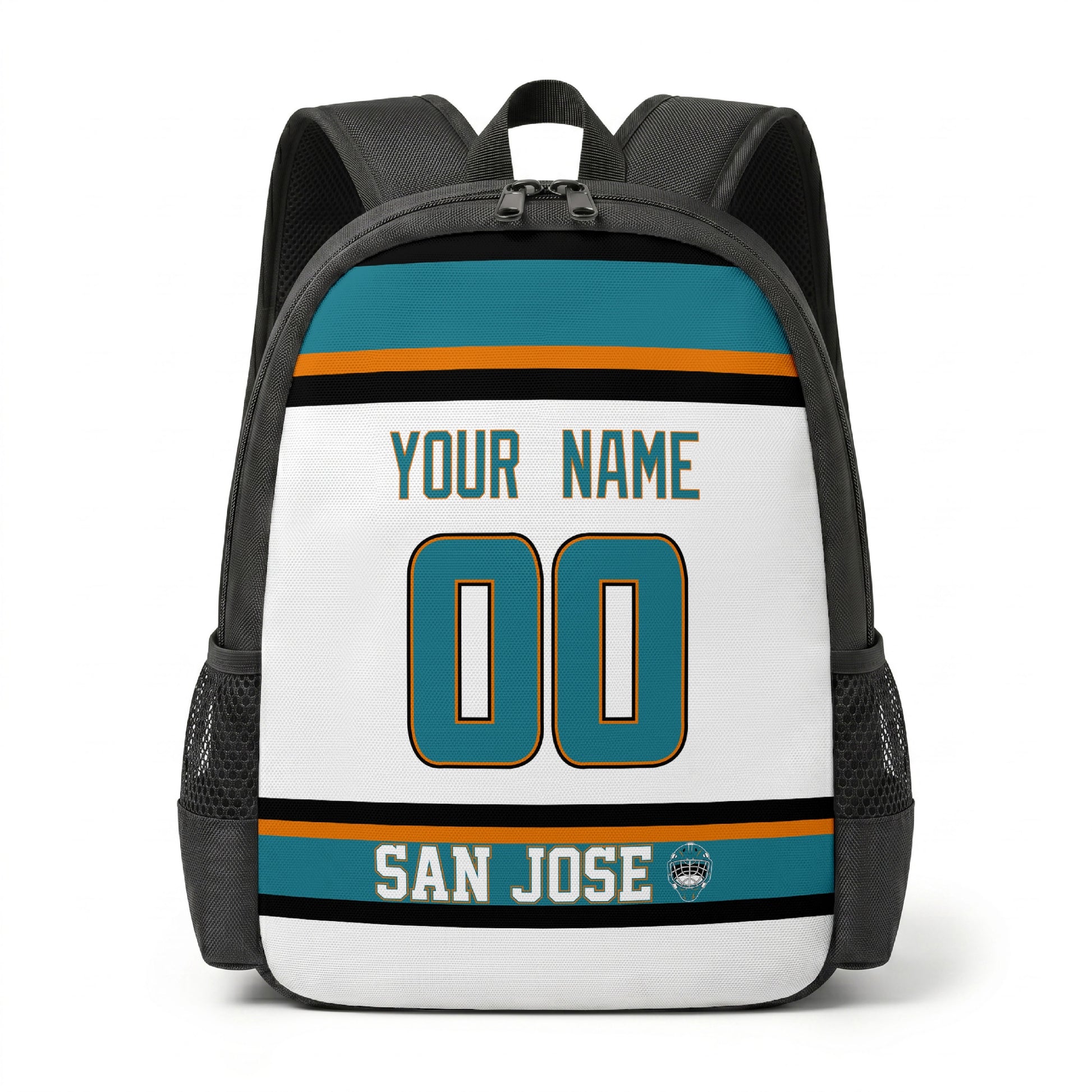 San Jose personalized hockey backpack alternate front view