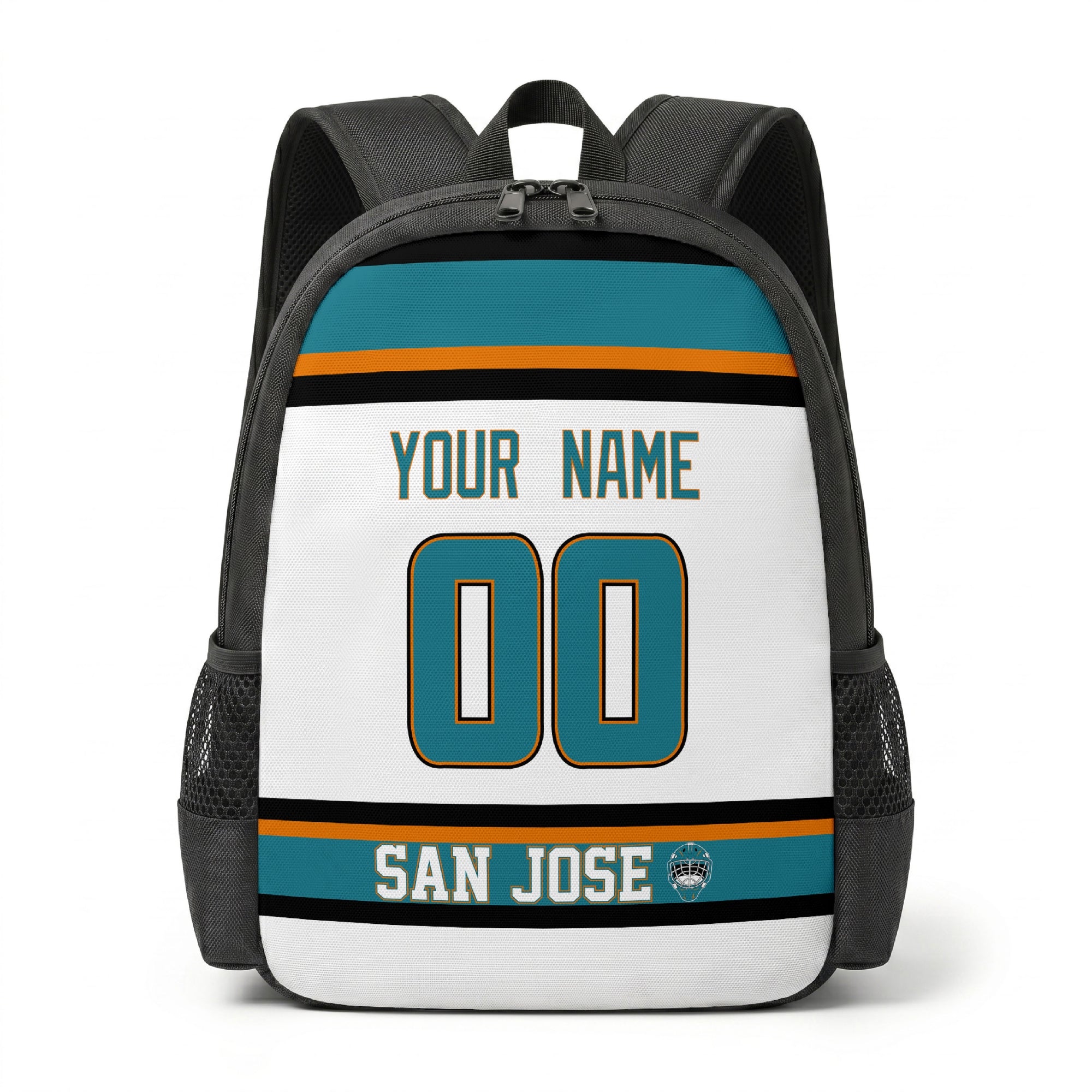 San Jose personalized hockey backpack alternate front view