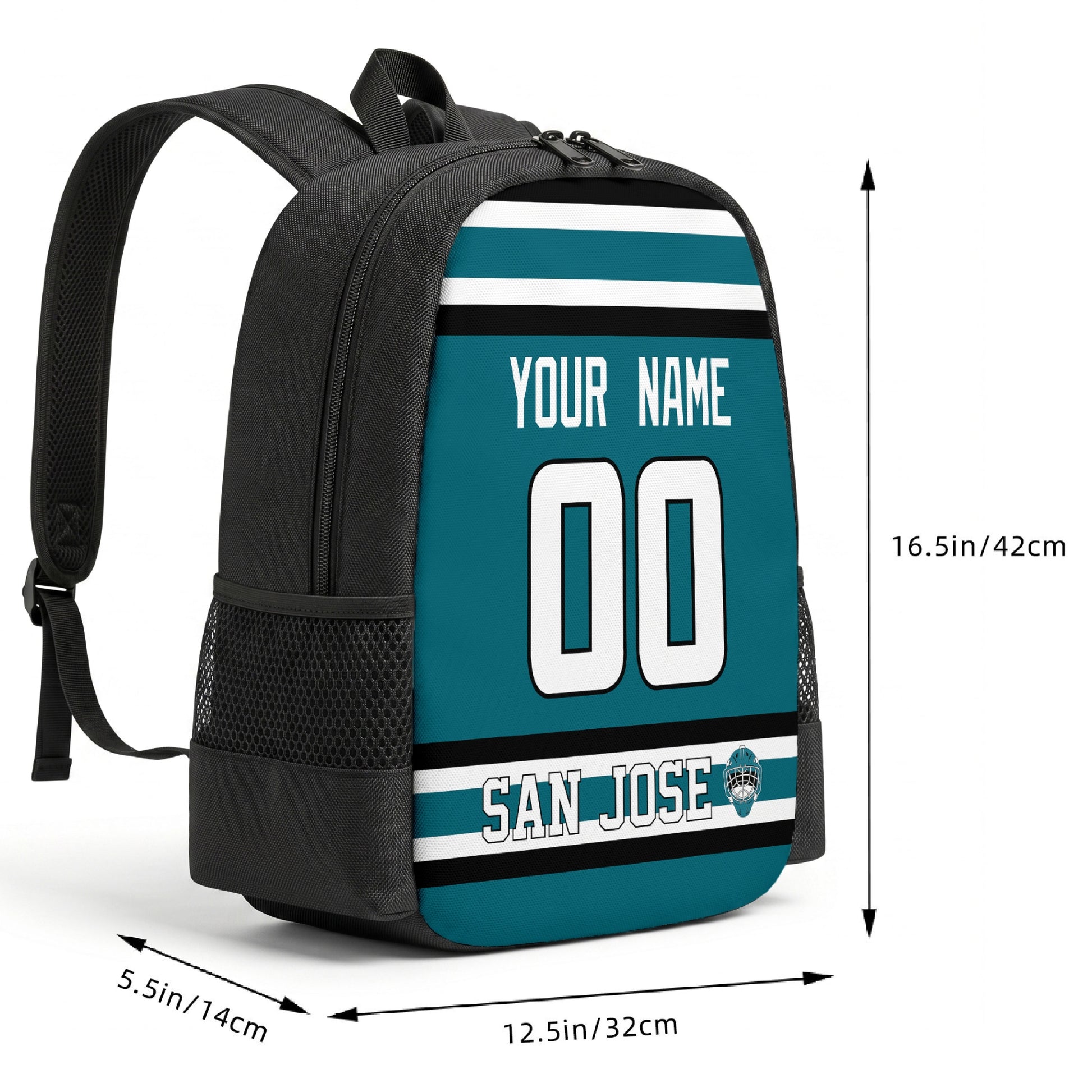 San Jose custom hockey backpack size chart 16.5 by 12.5 by 5.5 inches