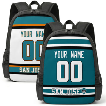 Custom hockey backpack for San Jose fans with name and number preview