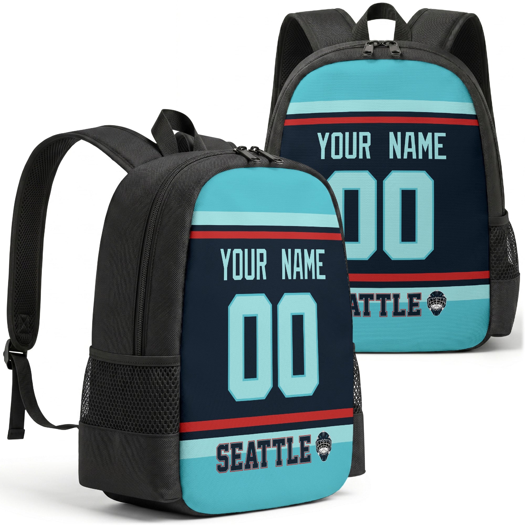 Seattle custom hockey backpack front and back product view
