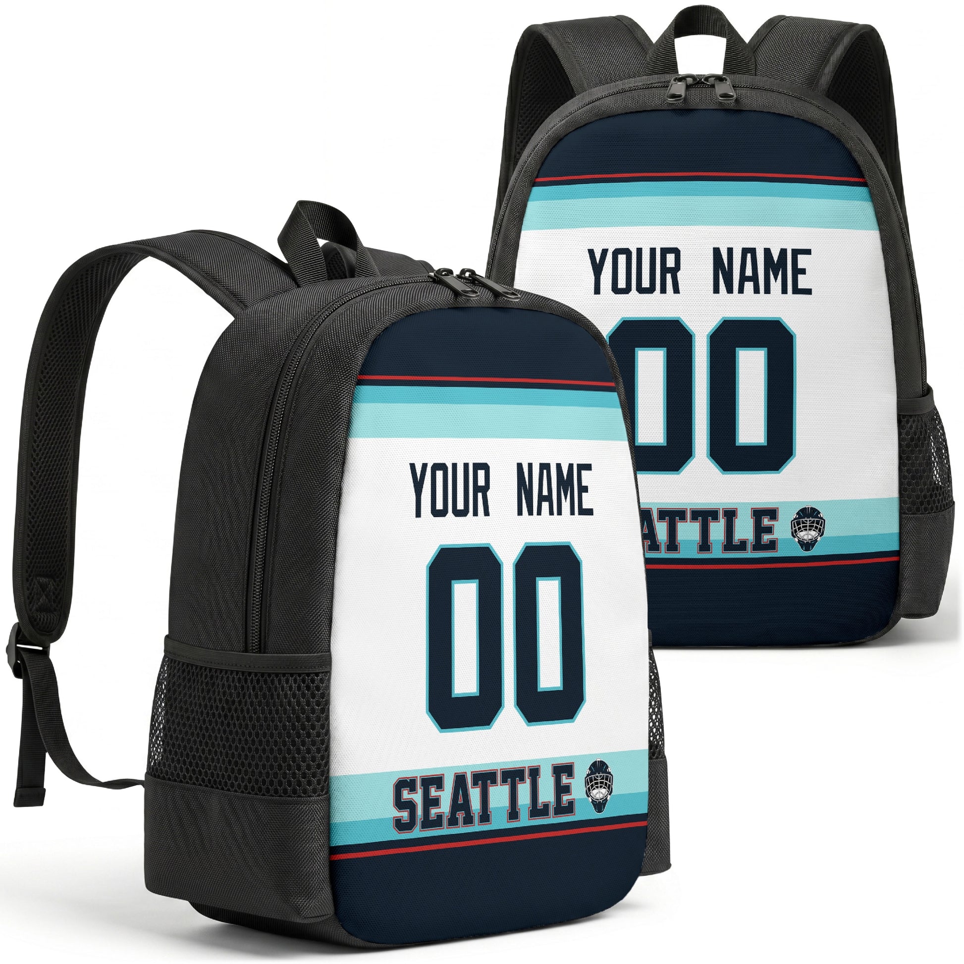 Seattle personalized hockey backpack alternate front and back product view