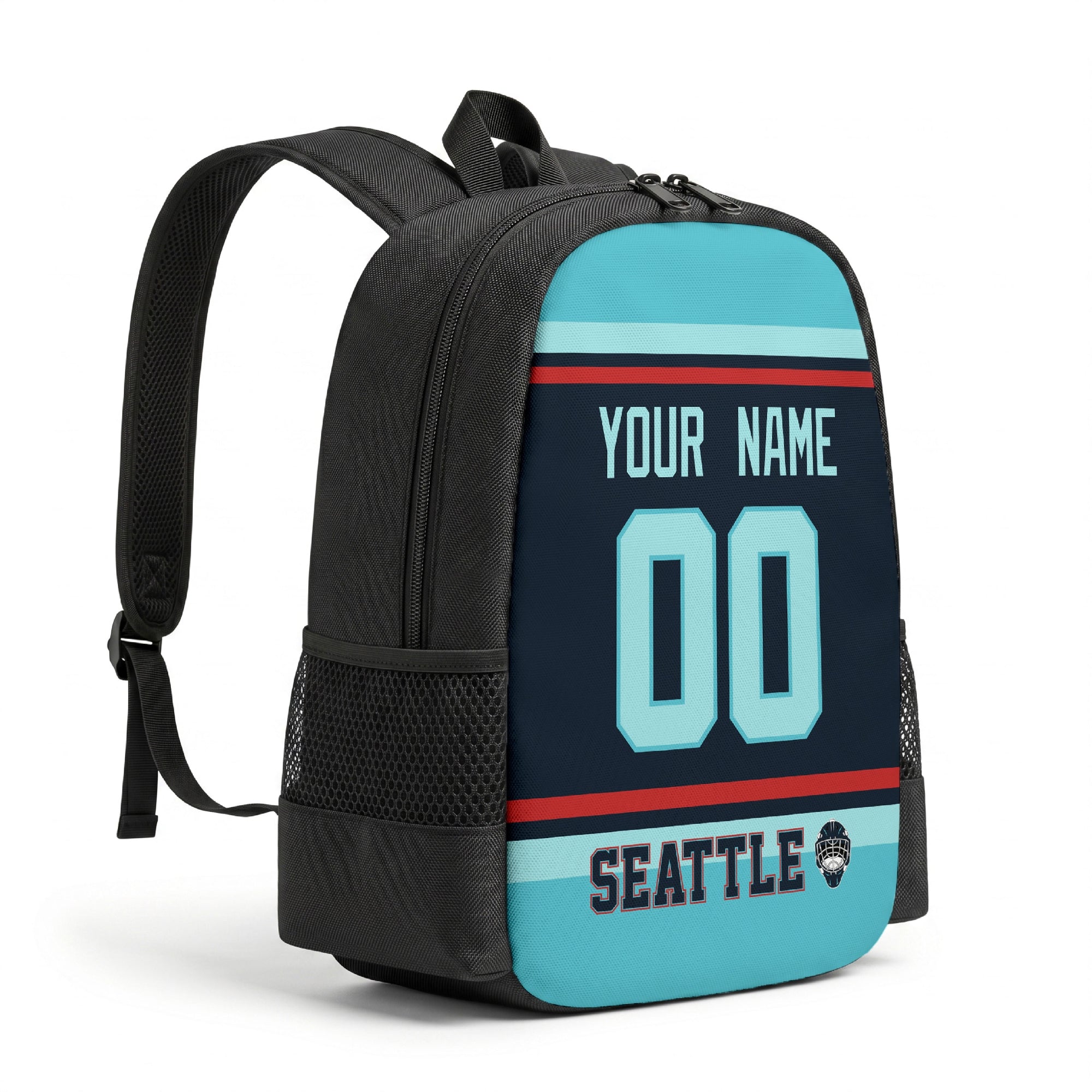 Seattle hockey backpack angled view with side pocket