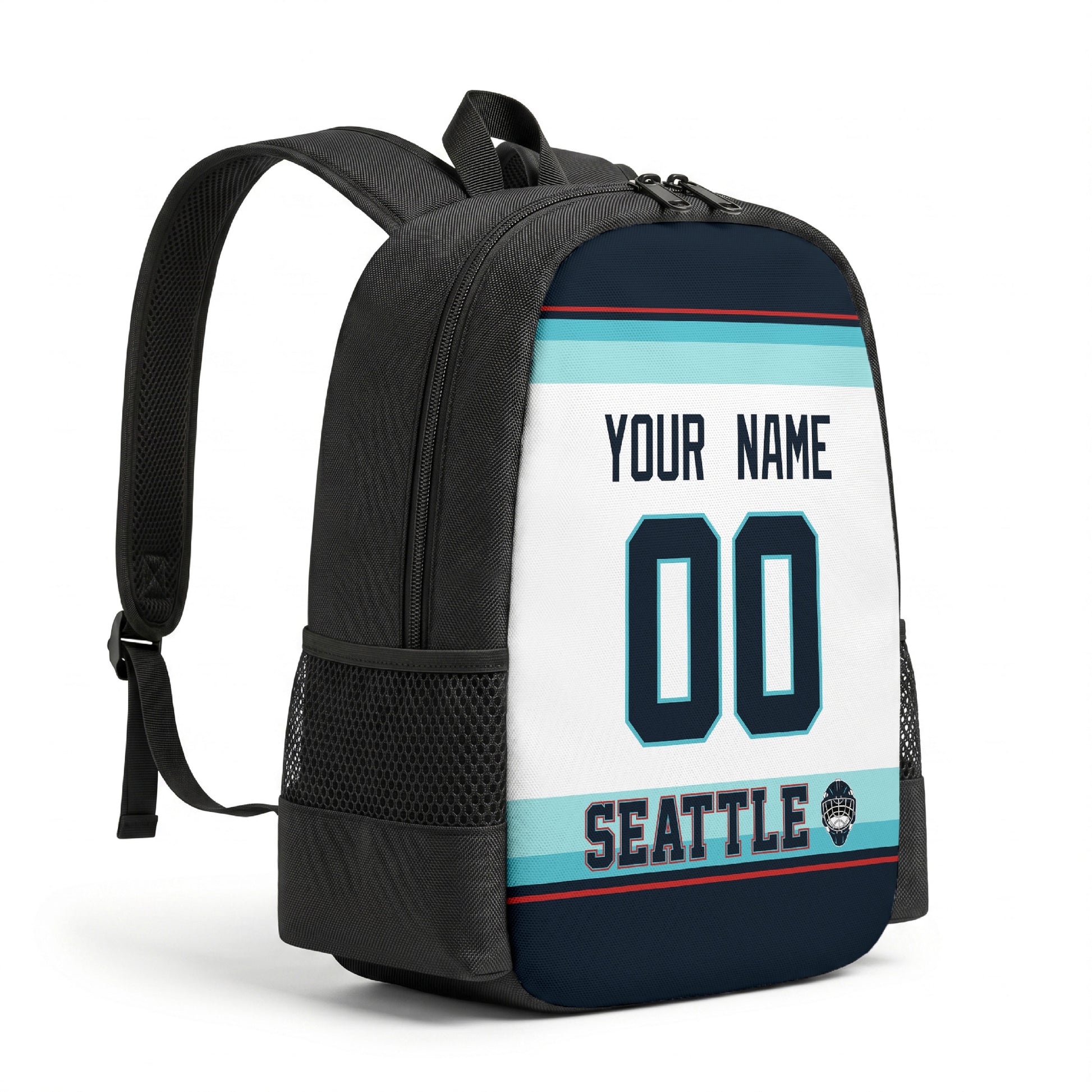Seattle personalized hockey backpack alternate angled view with side pocket