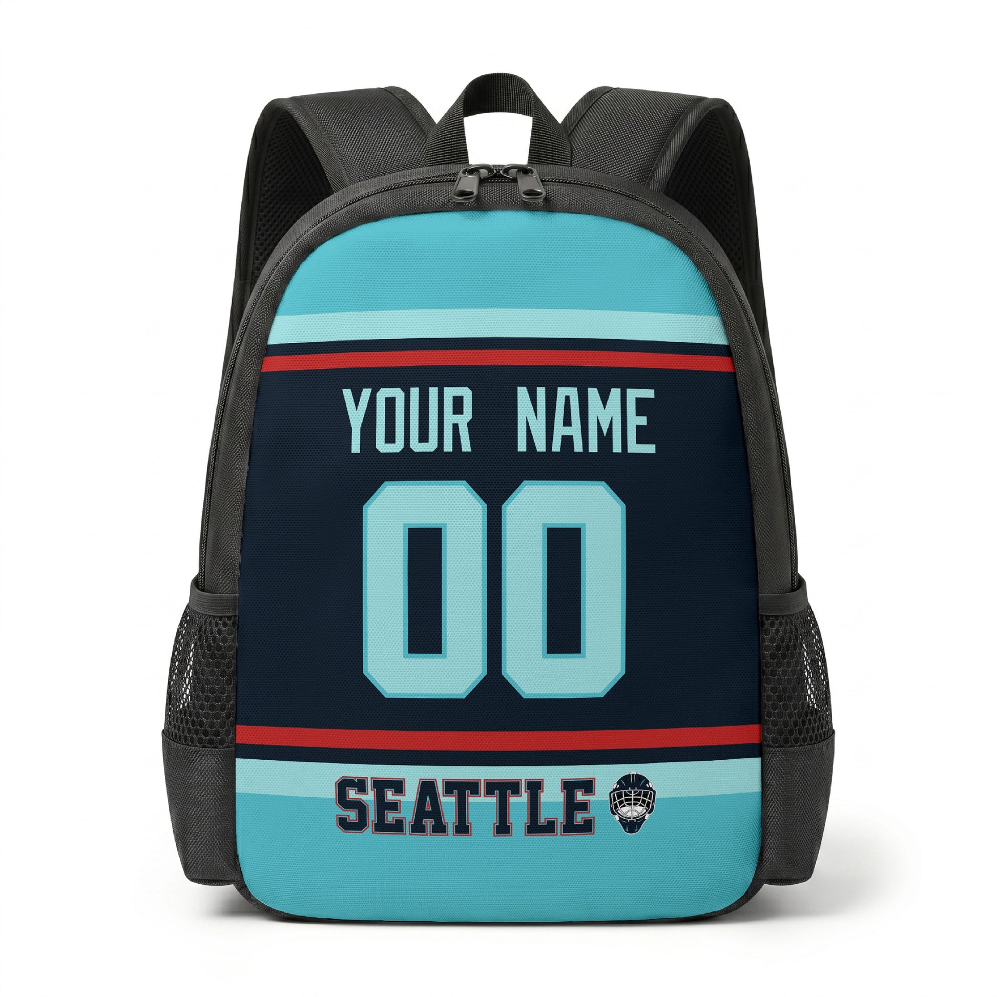 Seattle hockey backpack front view with custom name and number