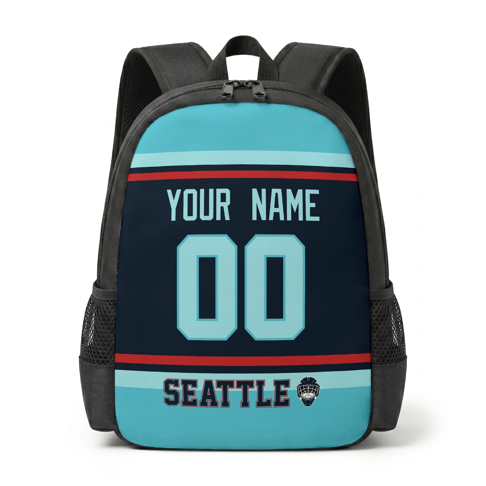 Seattle hockey backpack front view with custom name and number
