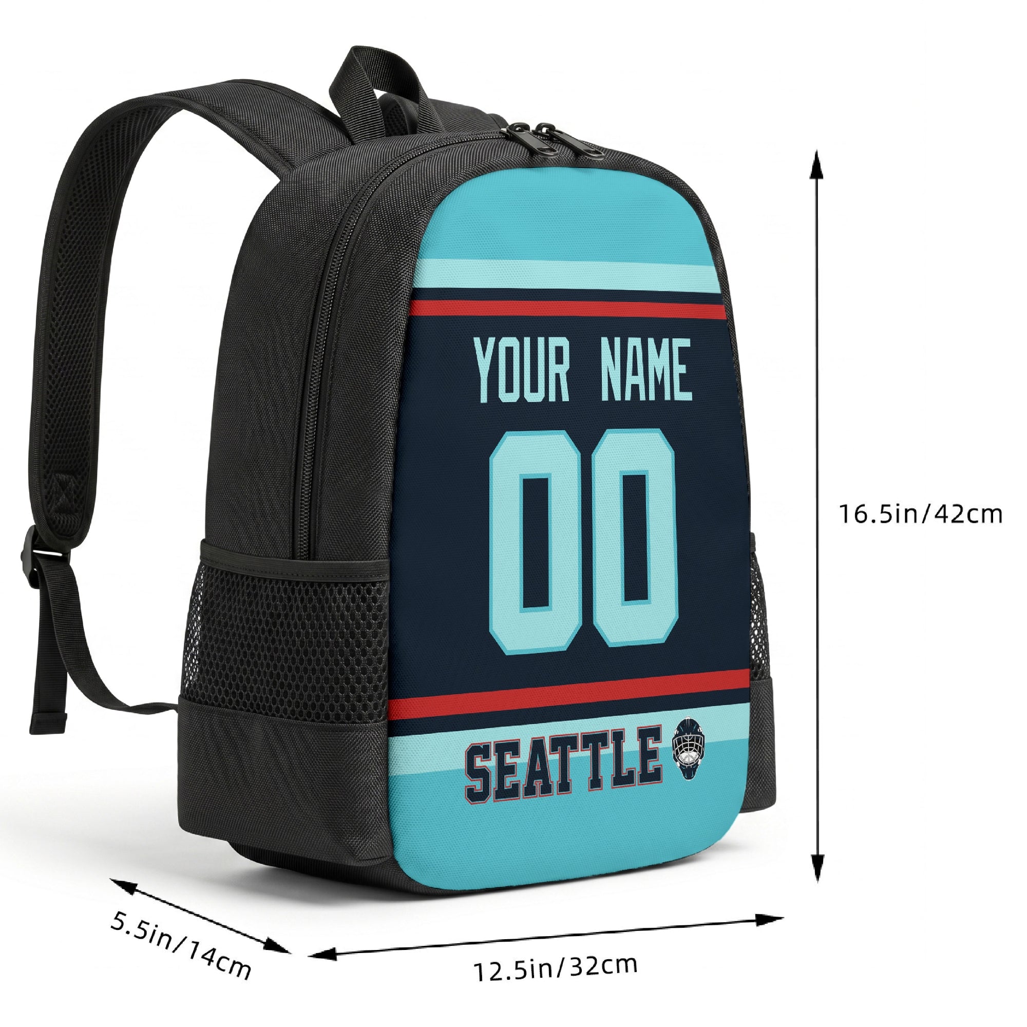 Seattle custom hockey backpack size chart 16.5 by 12.5 by 5.5 inches