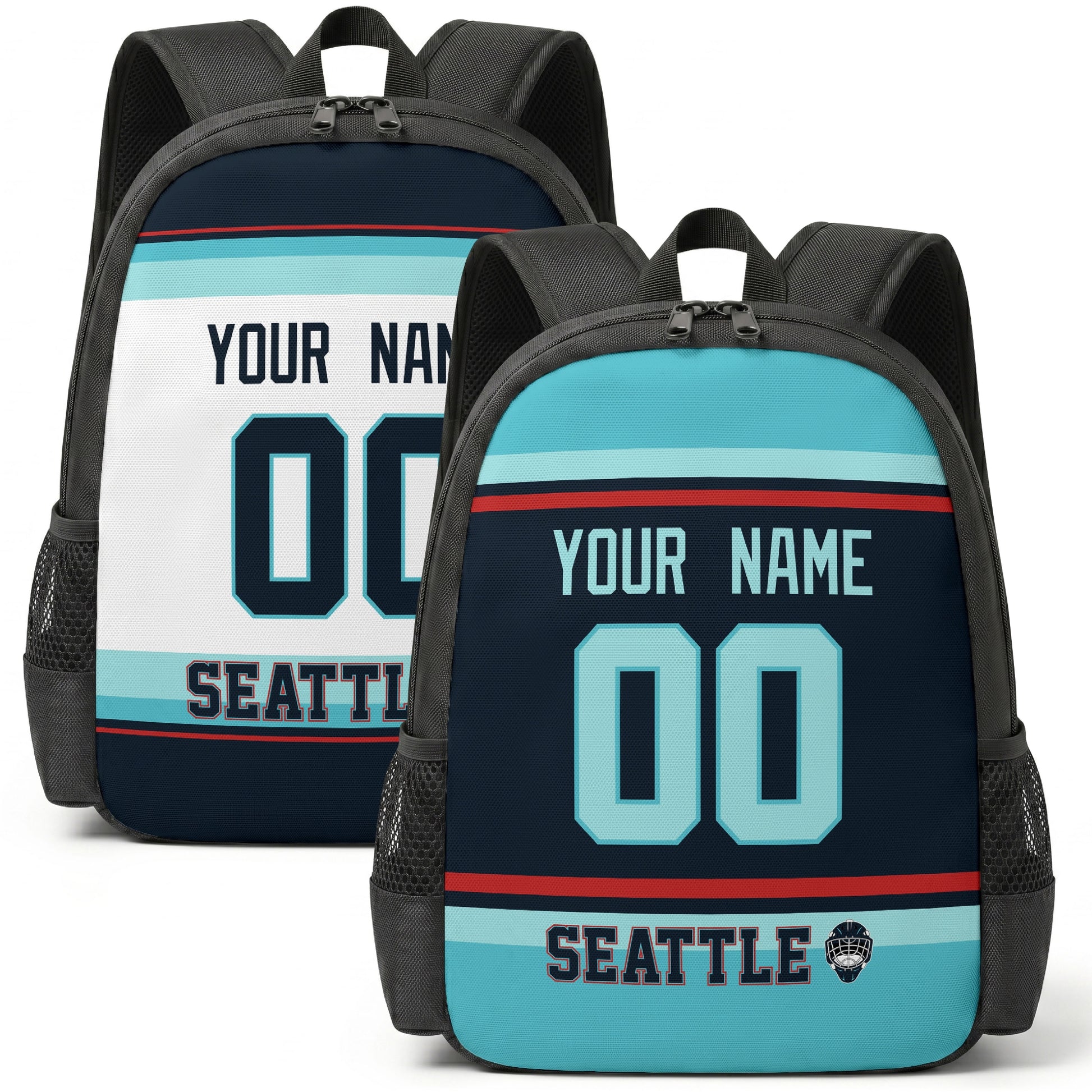 Custom hockey backpack for Seattle fans with name and number preview