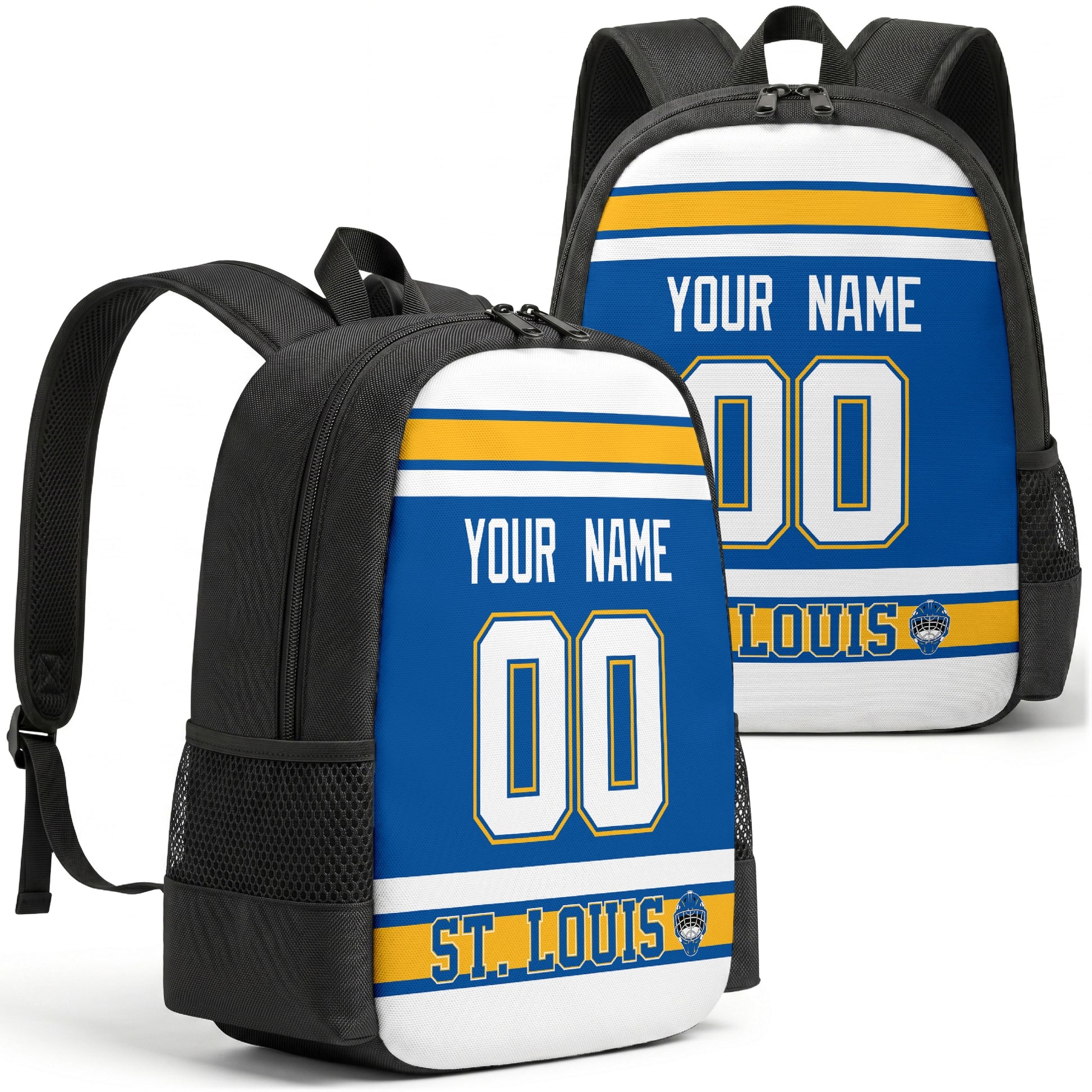 St. Louis custom hockey backpack front and back product view