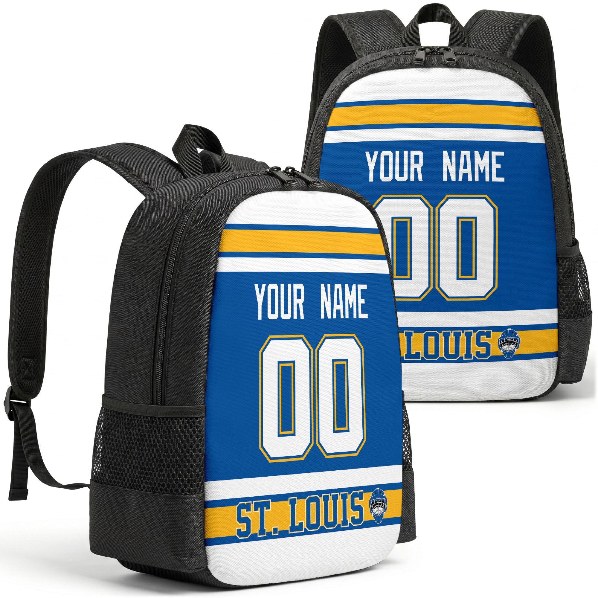 St. Louis custom hockey backpack front and back product view