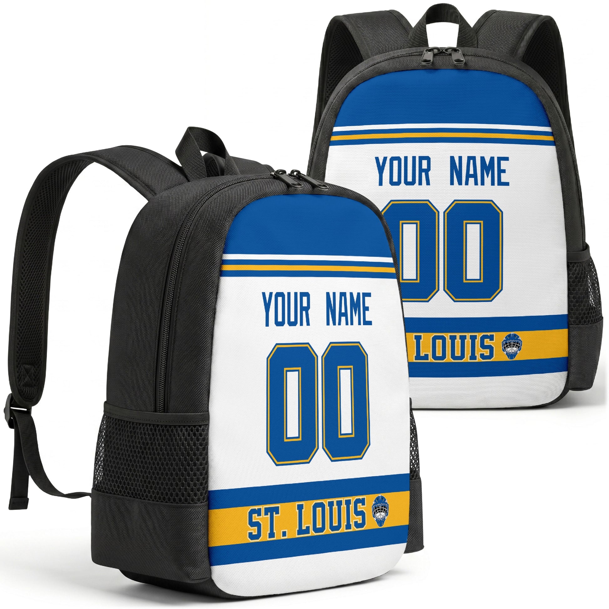 St. Louis personalized hockey backpack alternate front and back product view
