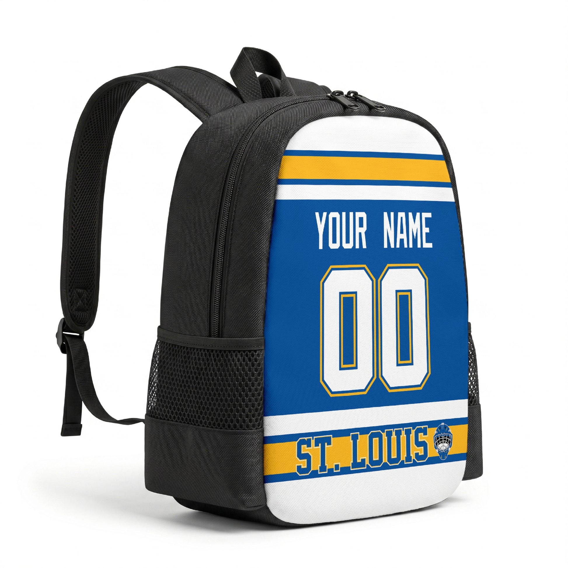 St. Louis hockey backpack angled view with side pocket