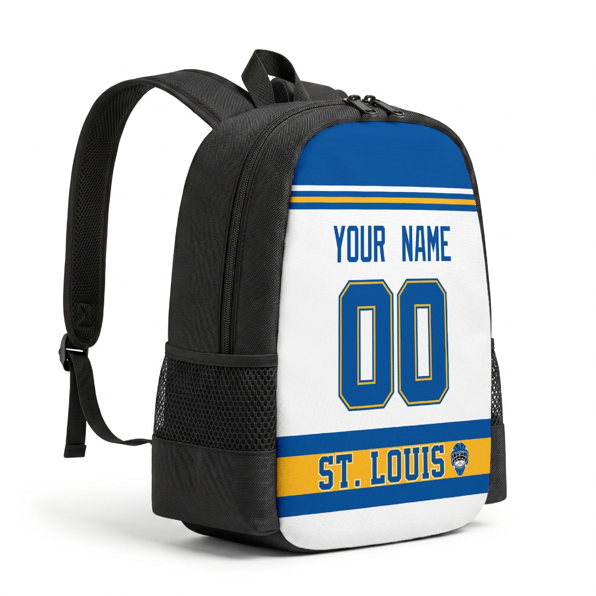 St. Louis personalized hockey backpack alternate angled view with side pocket