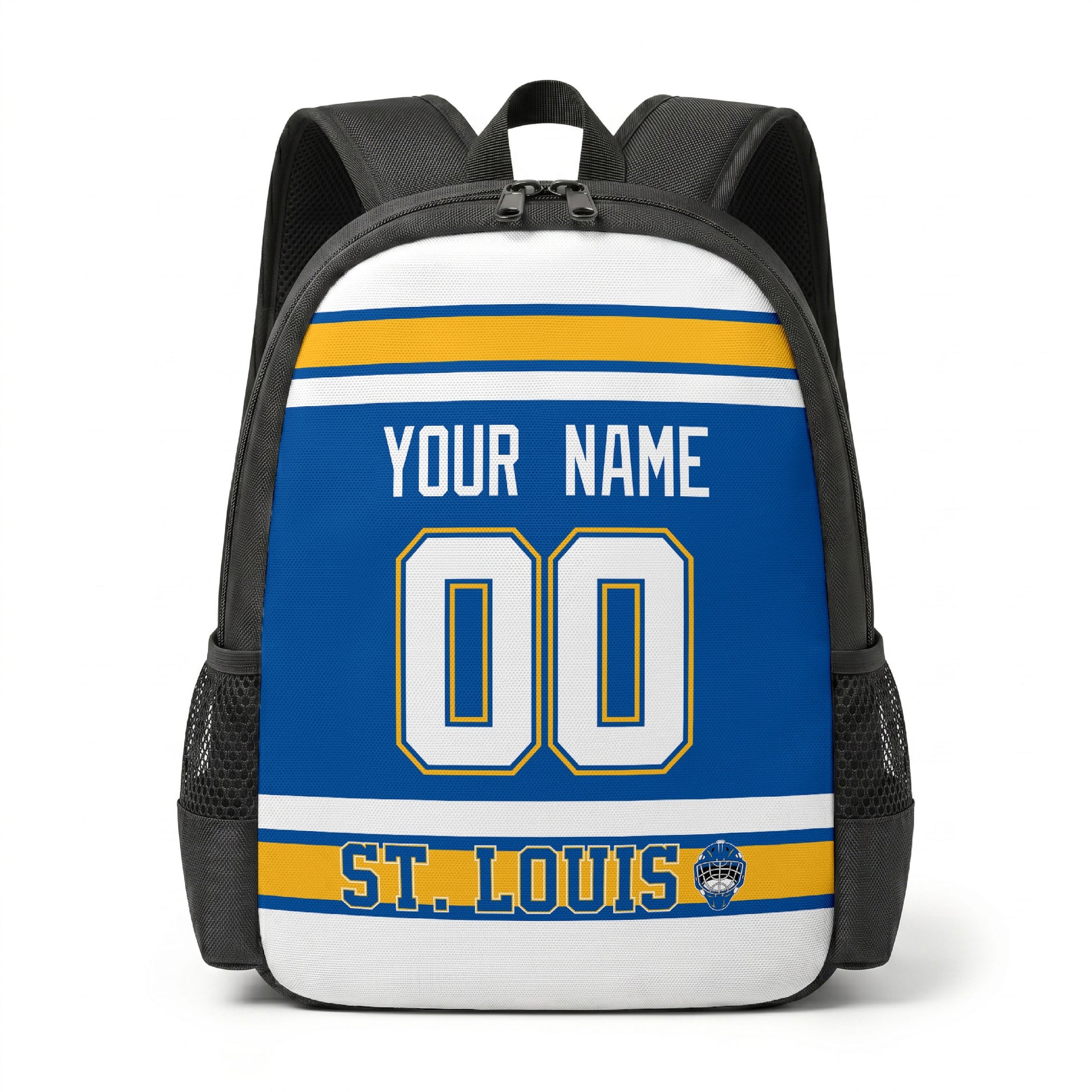 St. Louis hockey backpack front view with custom name and number