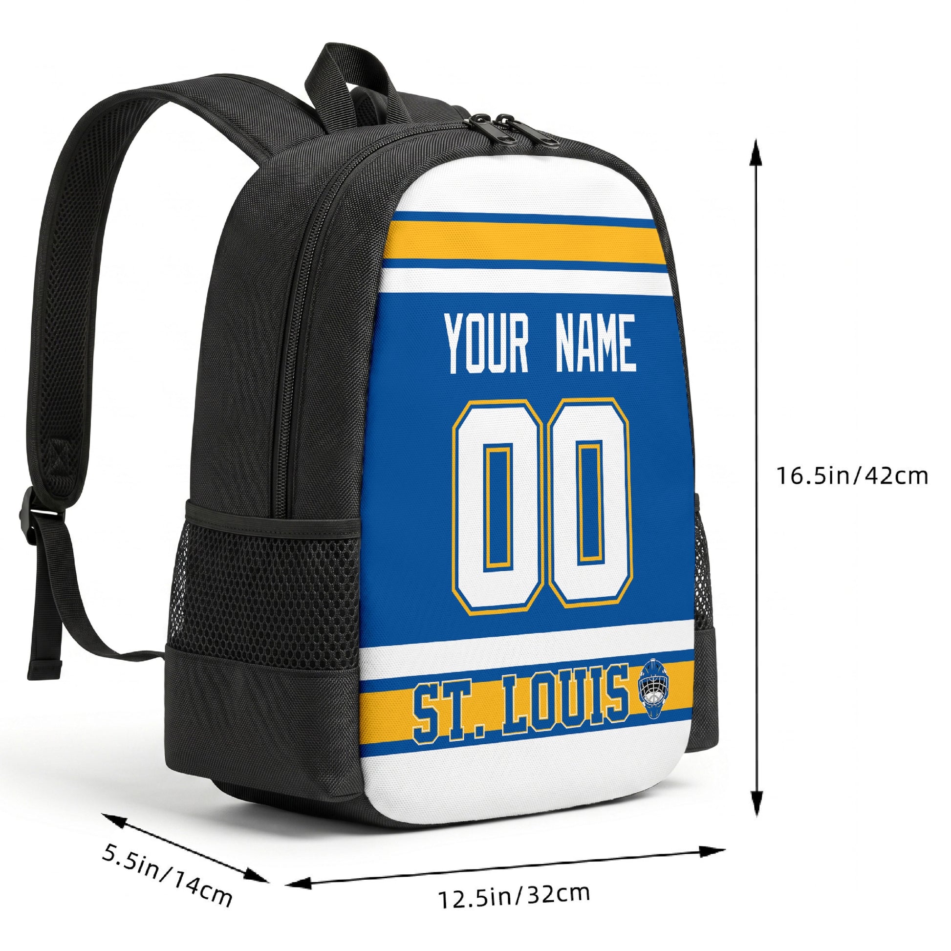 St. Louis custom hockey backpack size chart 16.5 by 12.5 by 5.5 inches