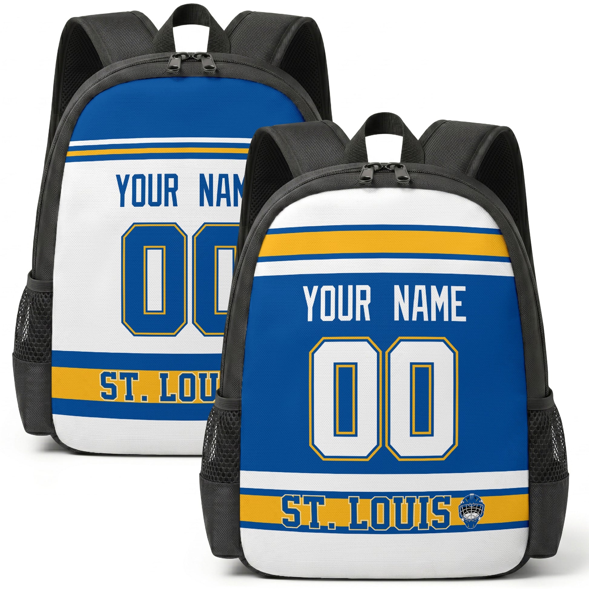 Custom hockey backpack for St. Louis fans with name and number preview
