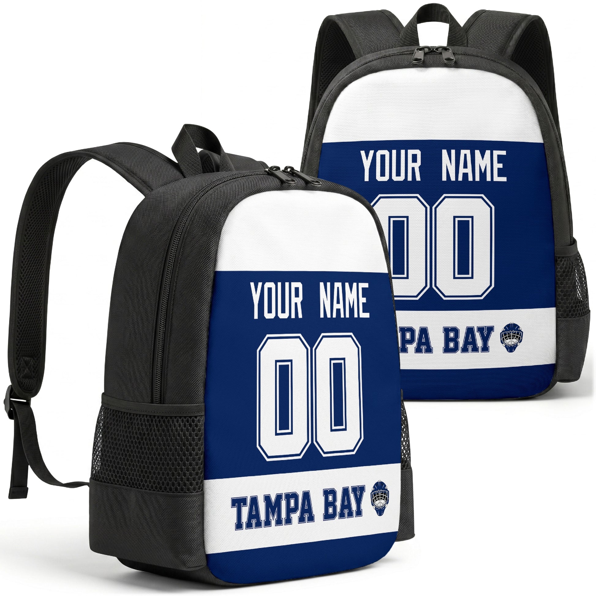 Tampa Bay custom hockey backpack front and back product view