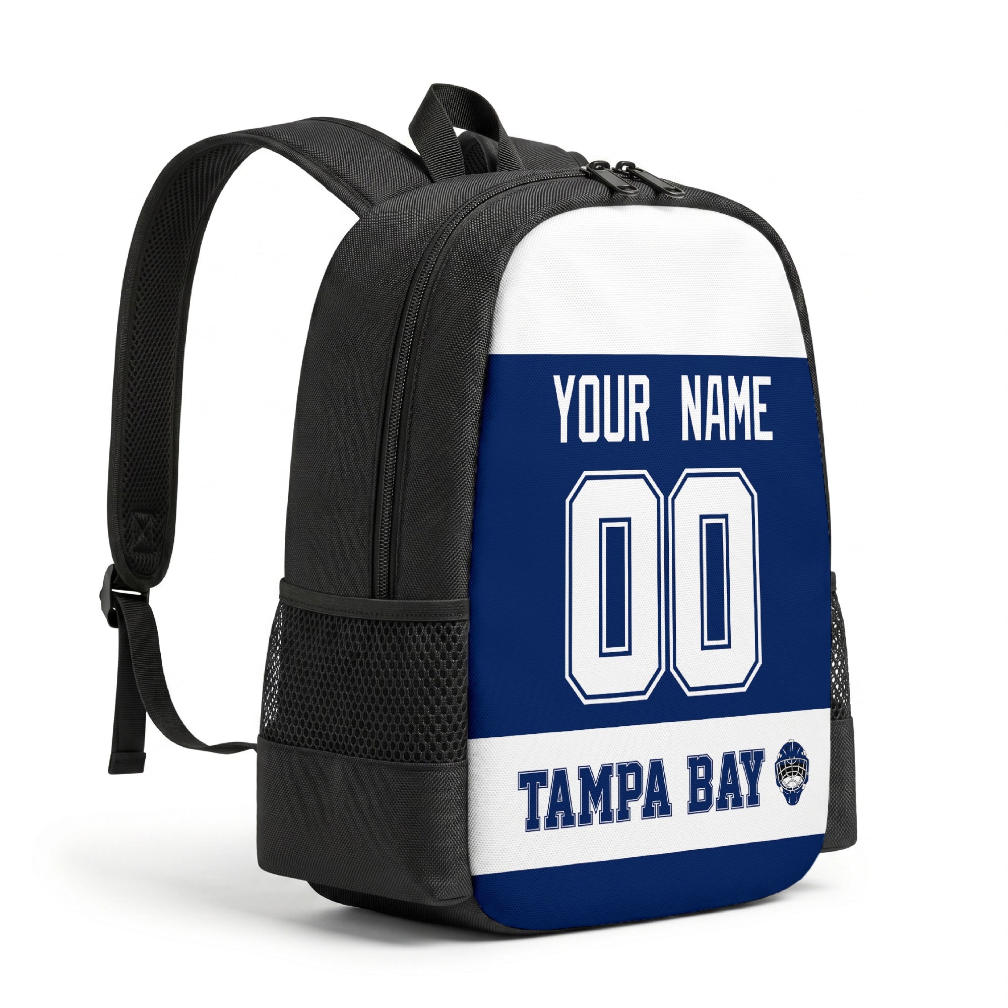 Tampa Bay hockey backpack angled view with side pocket