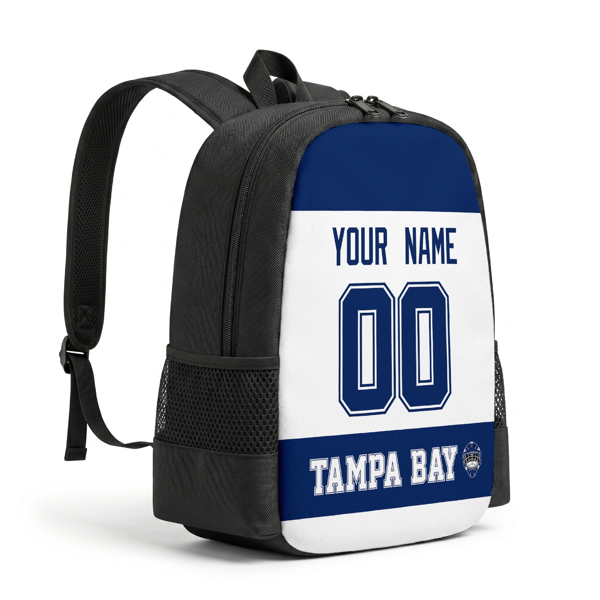 Tampa Bay personalized hockey backpack alternate angled view with side pocket