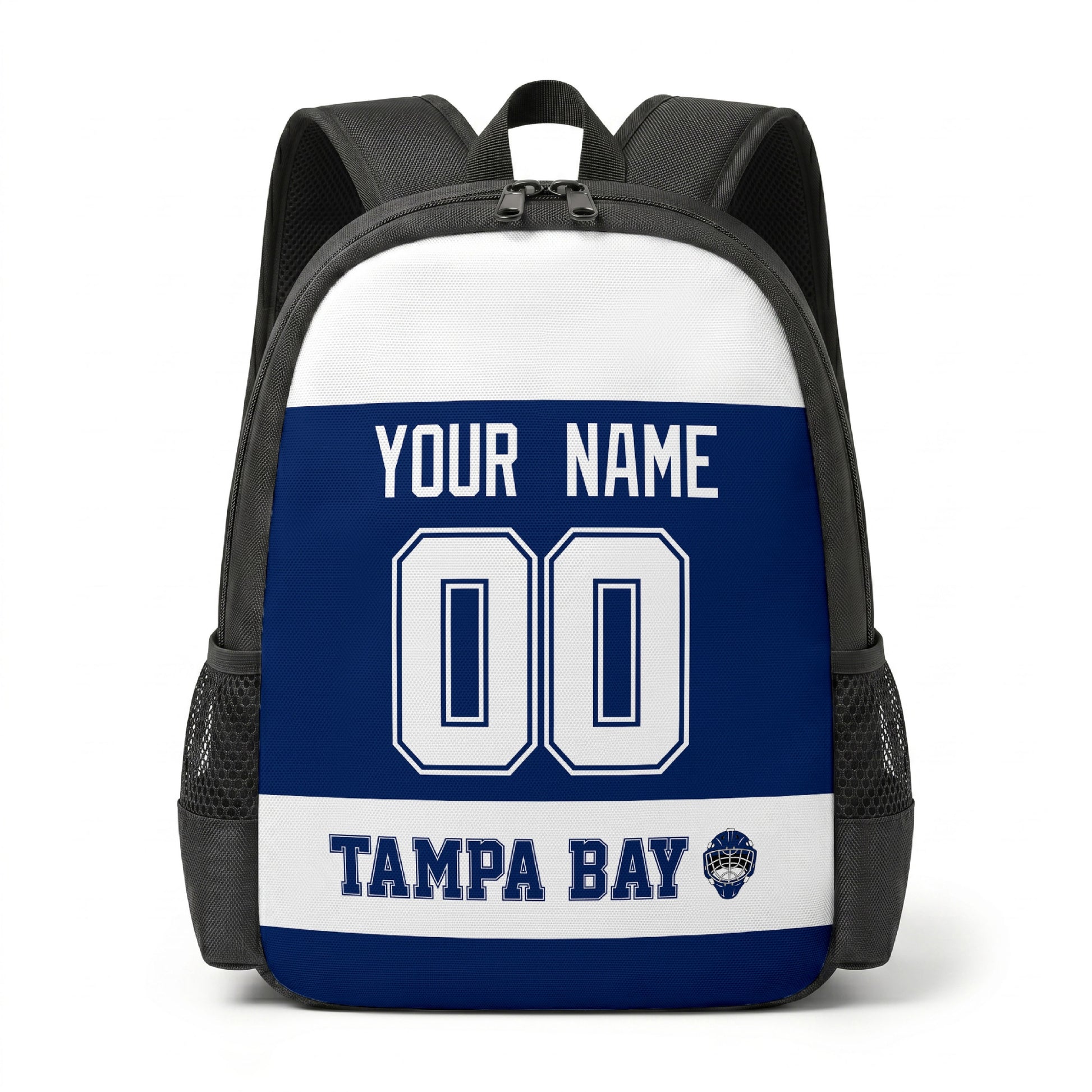Tampa Bay hockey backpack front view with custom name and number