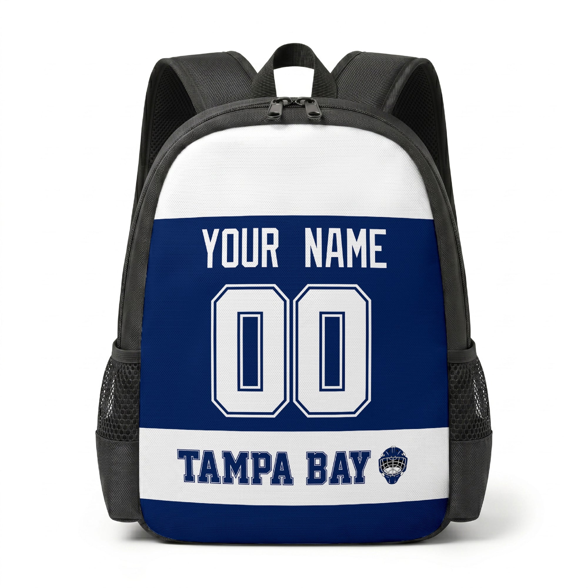 Tampa Bay hockey backpack front view with custom name and number