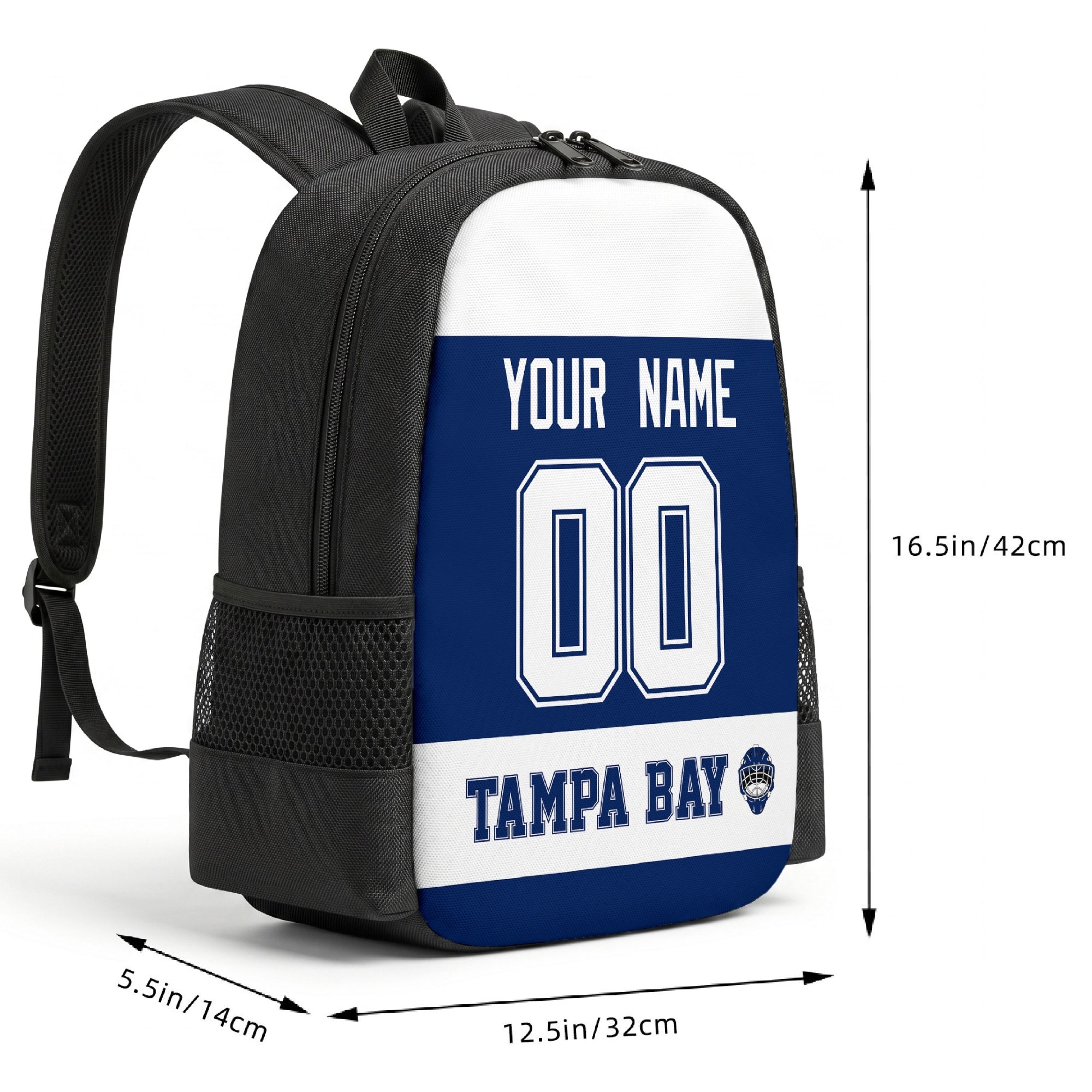 Tampa Bay custom hockey backpack size chart 16.5 by 12.5 by 5.5 inches