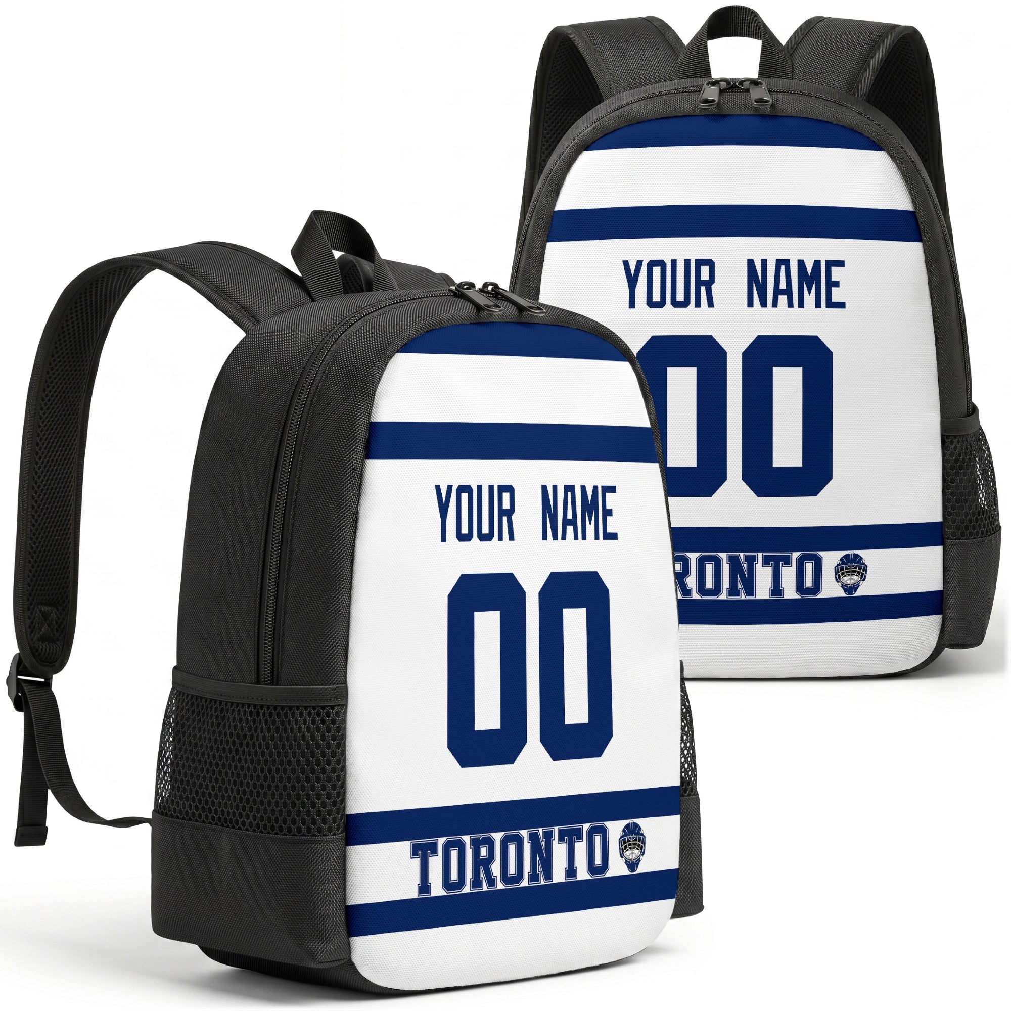 Toronto personalized hockey backpack alternate front and back product view