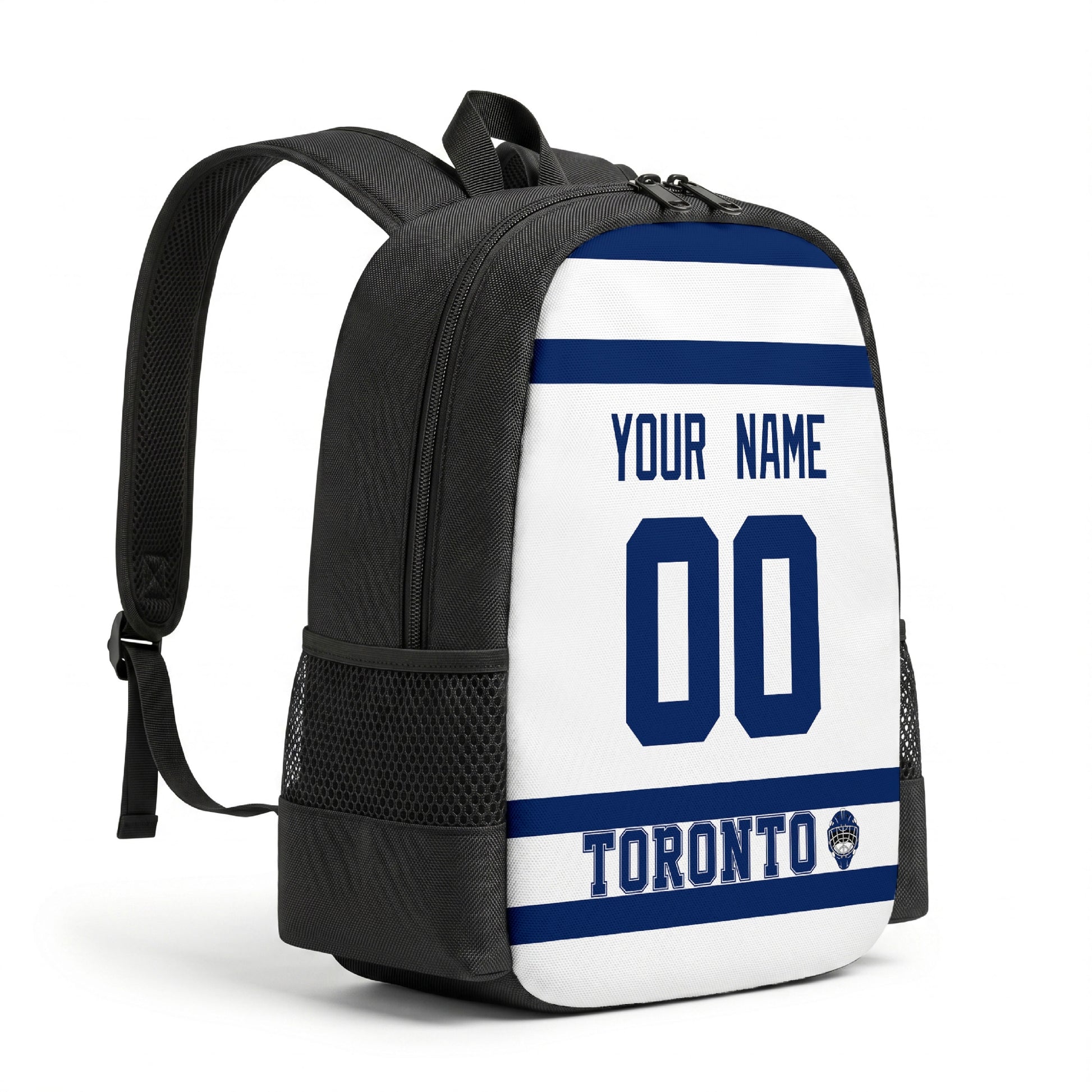 Toronto personalized hockey backpack alternate angled view with side pocket