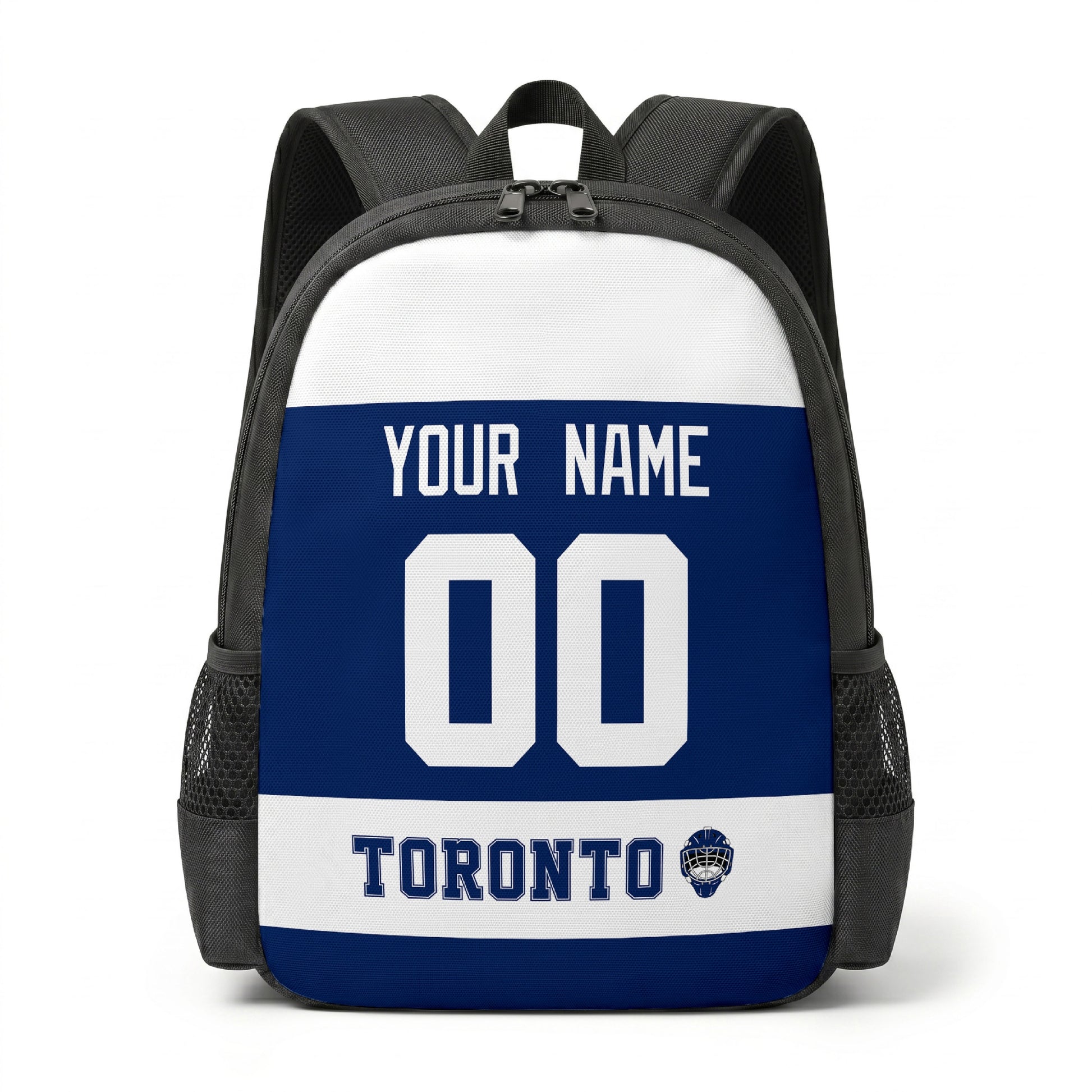 Toronto hockey backpack front view with custom name and number