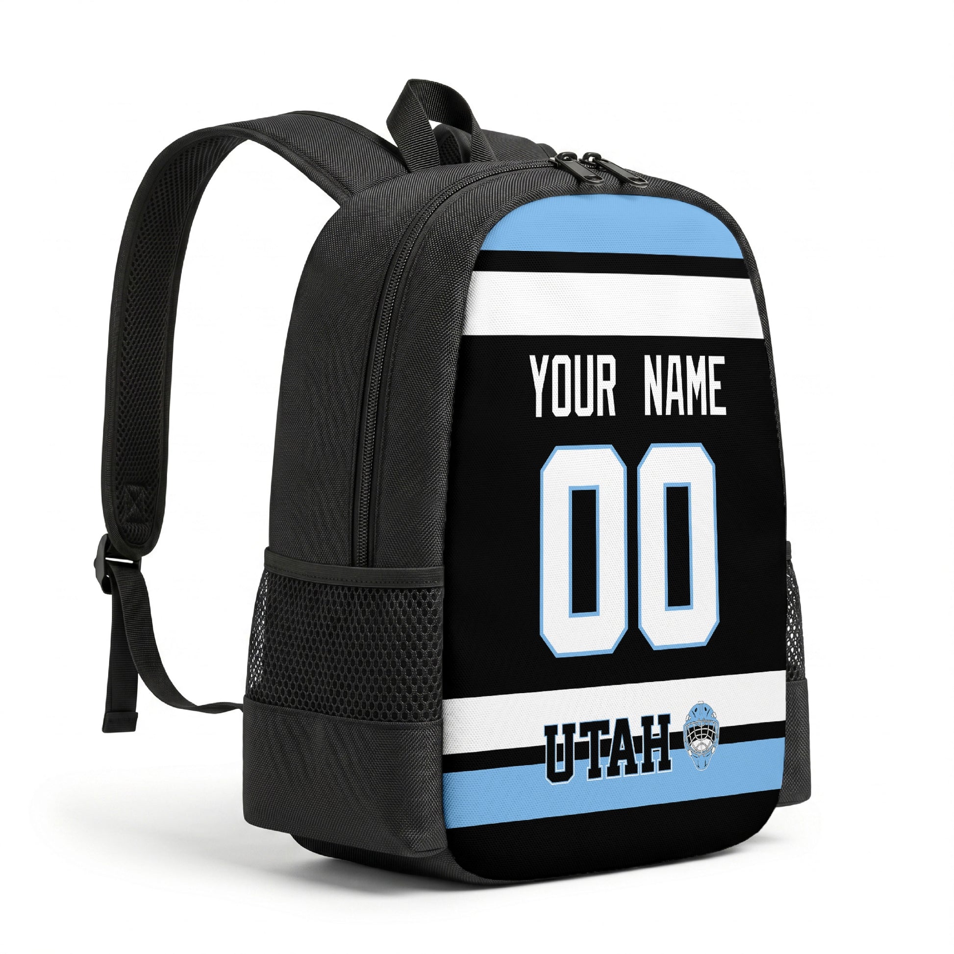 Utah hockey backpack angled view with side pocket