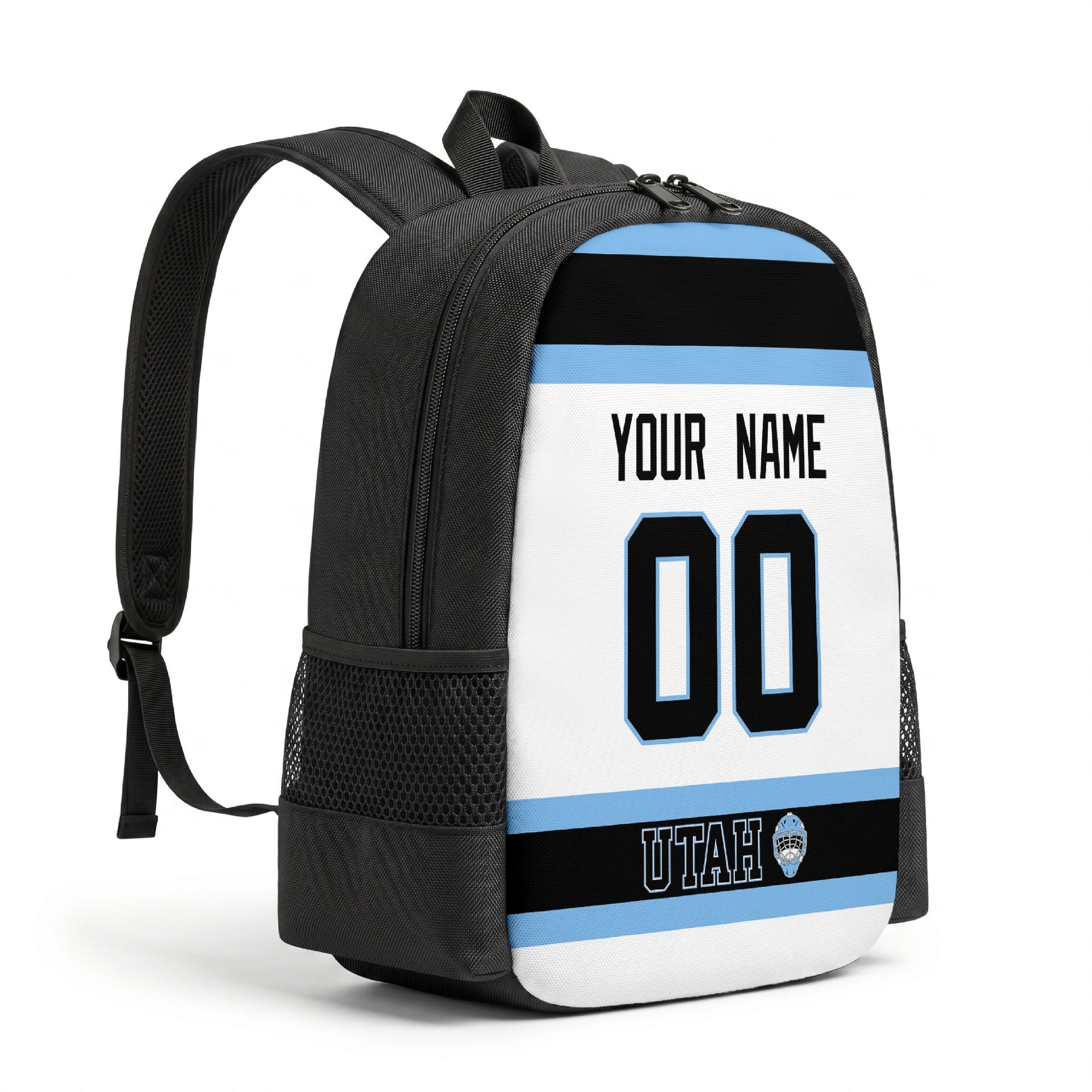 Utah personalized hockey backpack alternate angled view with side pocket