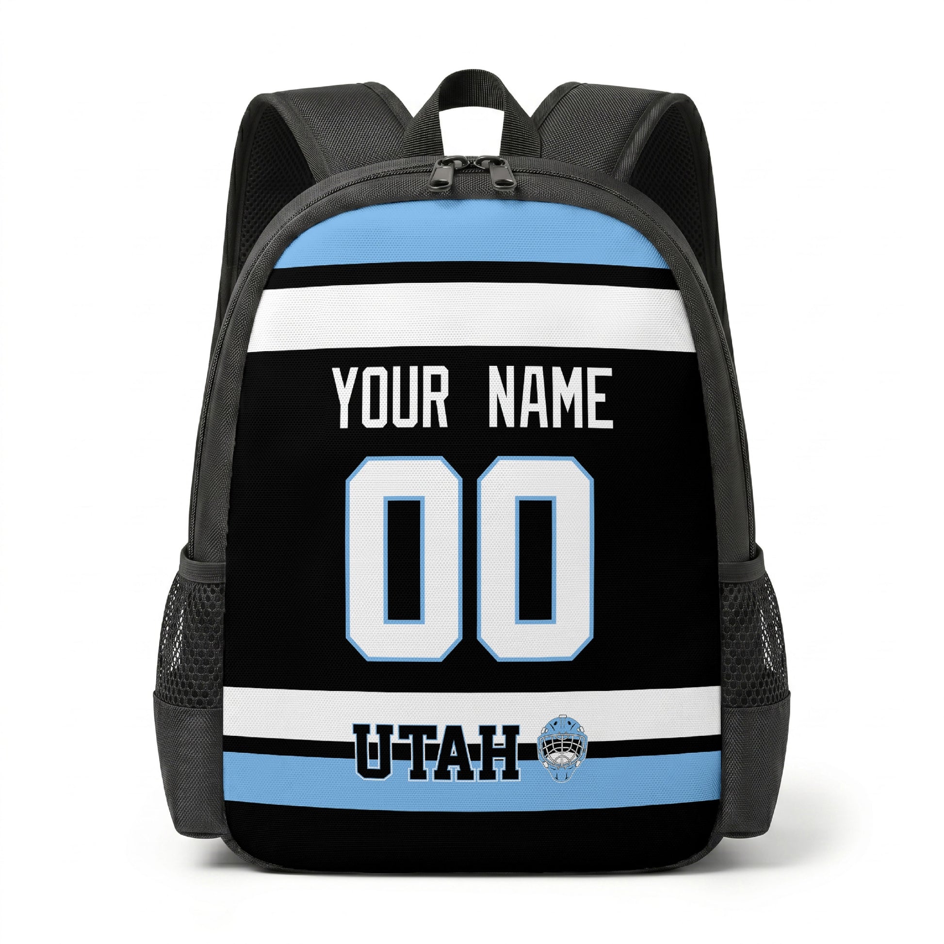 Utah hockey backpack front view with custom name and number