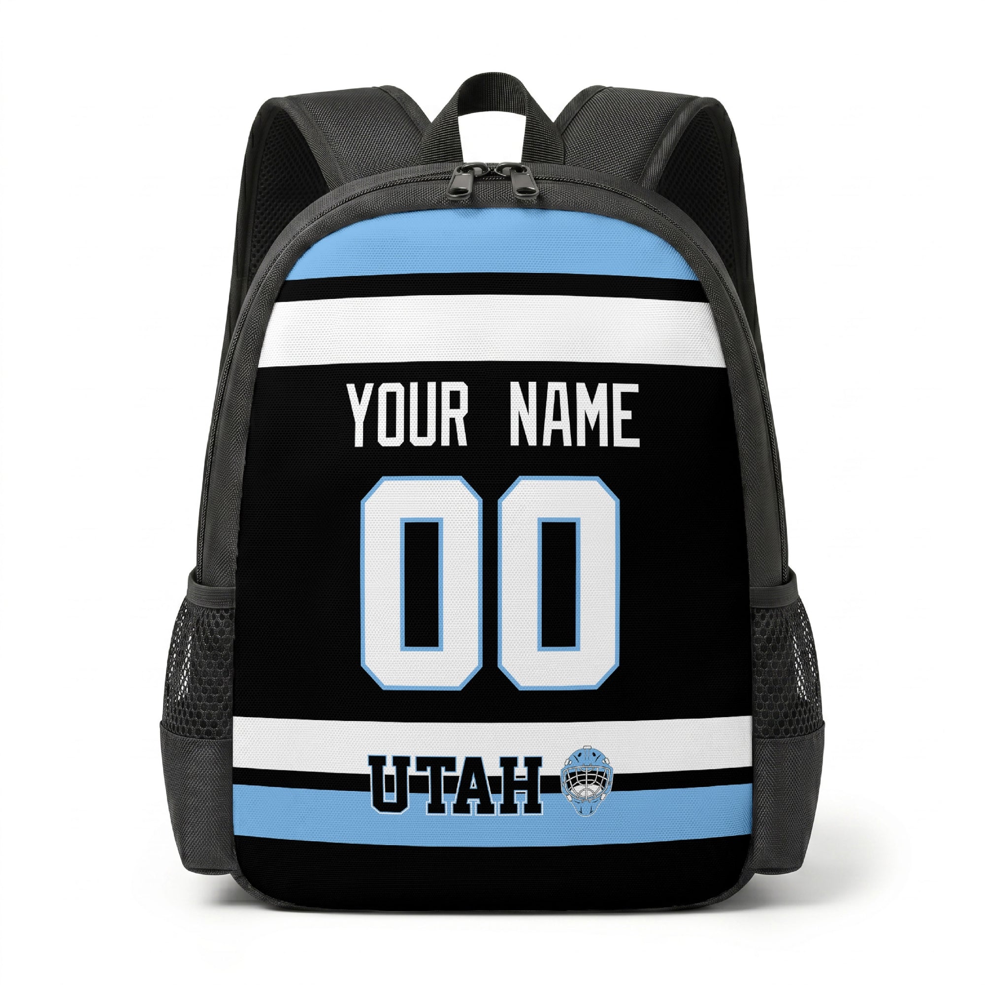 Utah hockey backpack front view with custom name and number