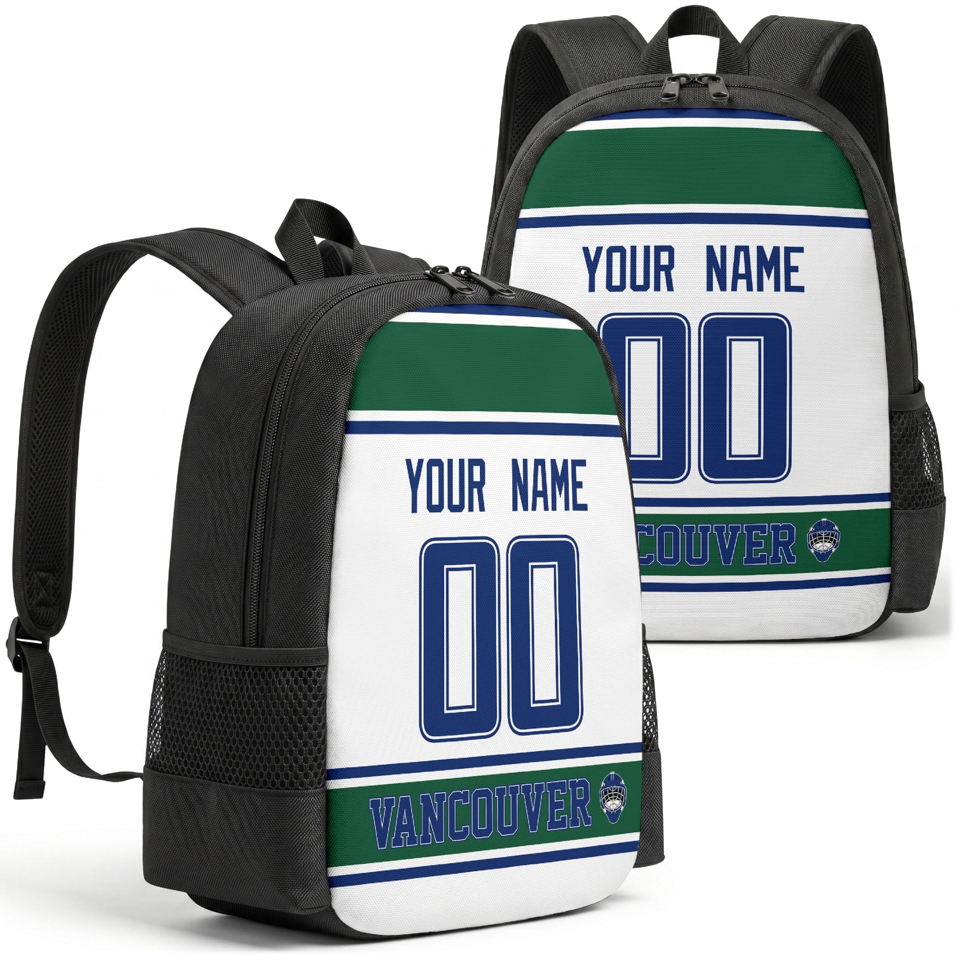 Vancouver personalized hockey backpack alternate front and back product view