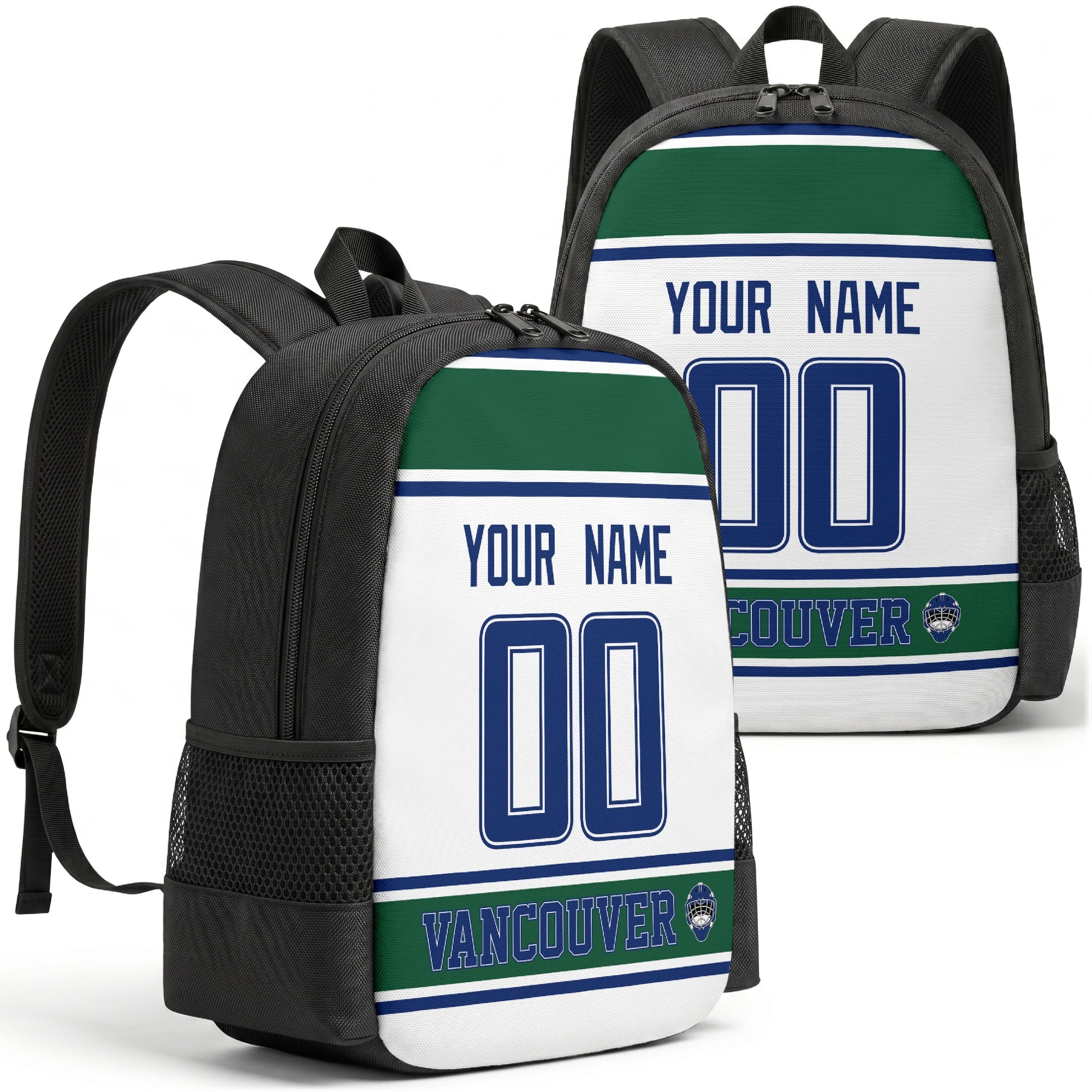 Vancouver personalized hockey backpack alternate front and back product view