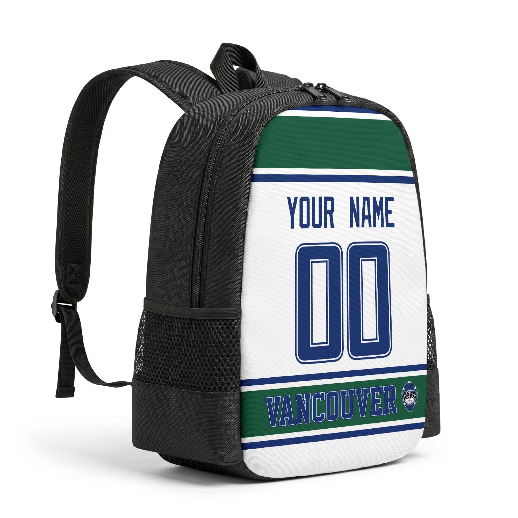 Vancouver personalized hockey backpack alternate angled view with side pocket