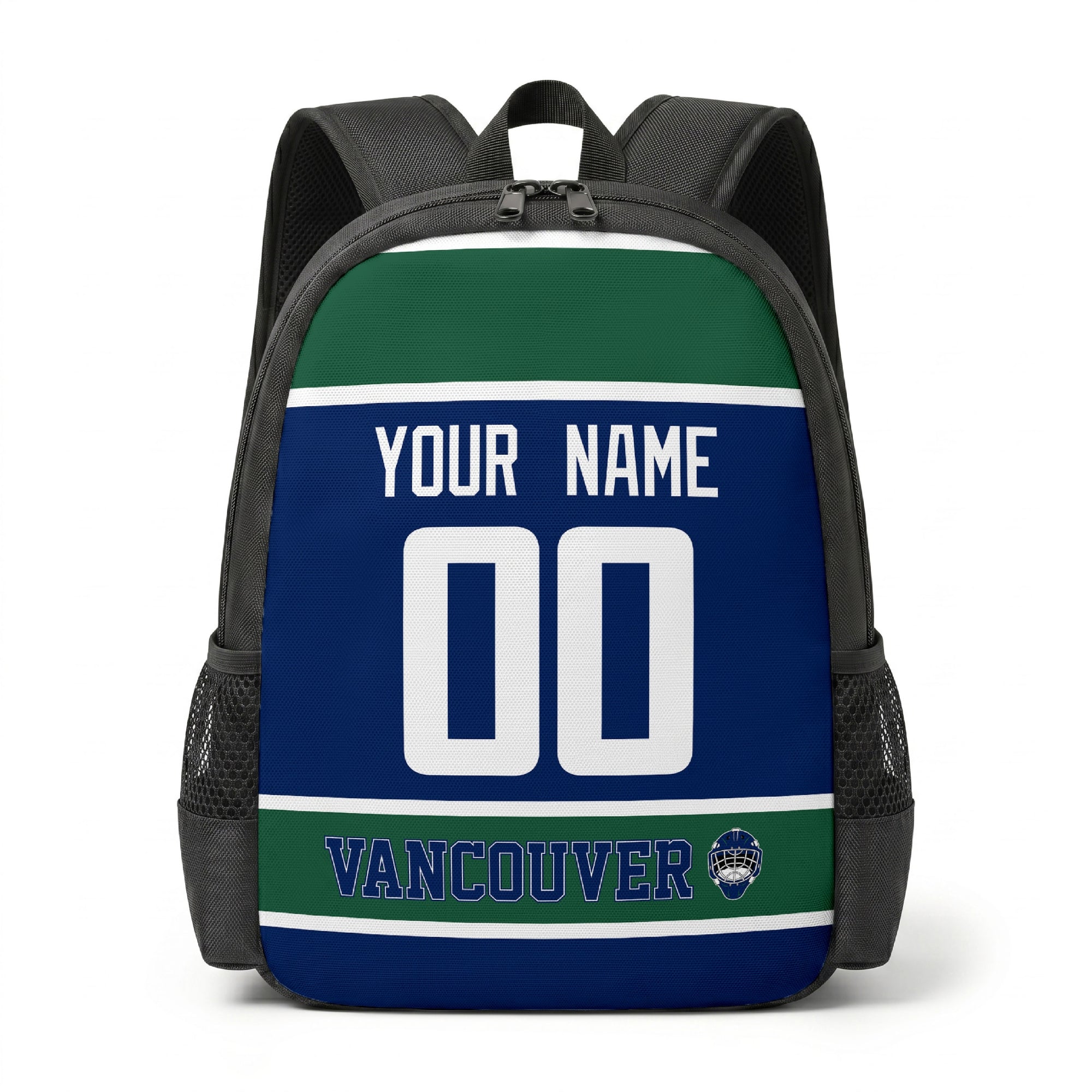 Vancouver hockey backpack front view with custom name and number