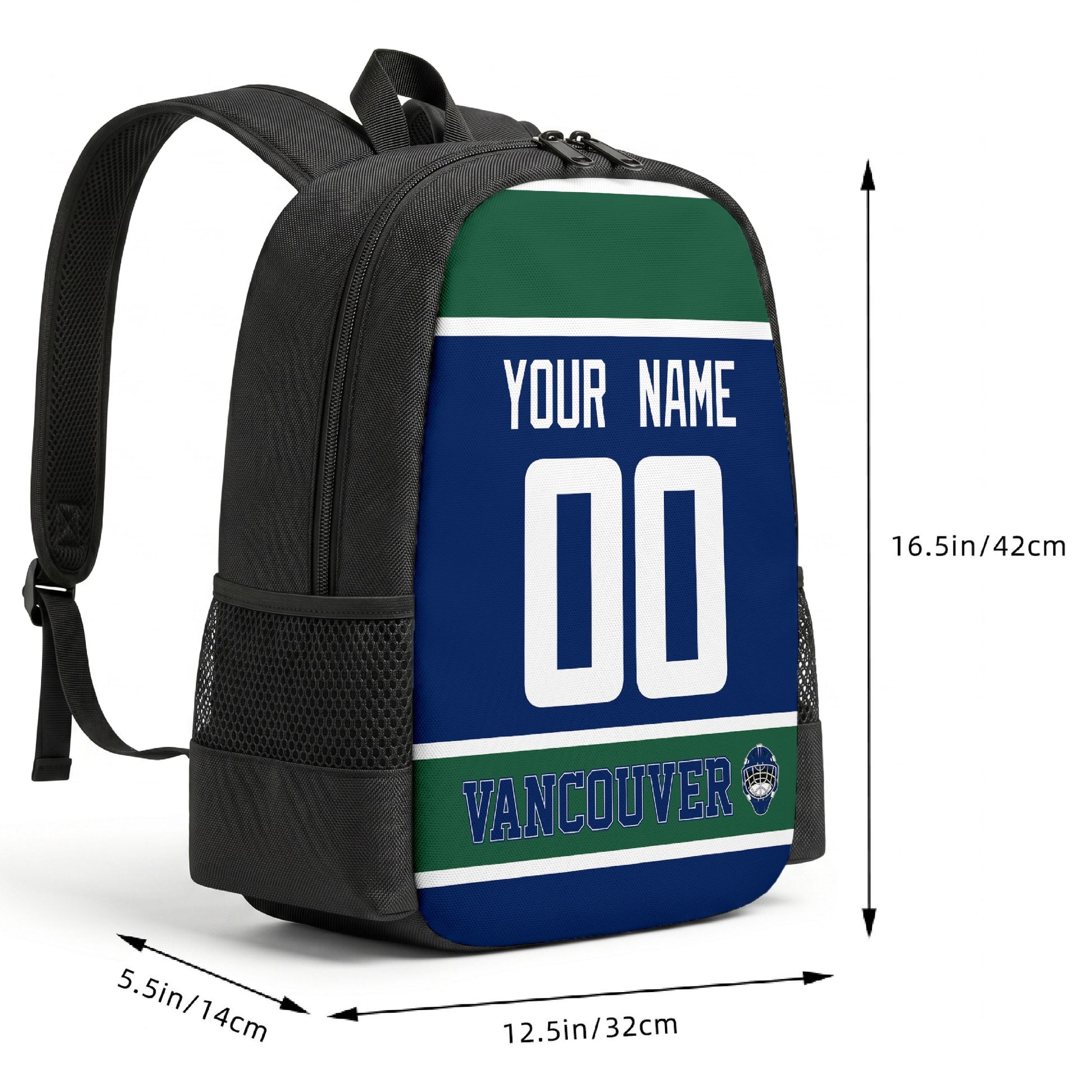 Vancouver custom hockey backpack size chart 16.5 by 12.5 by 5.5 inches