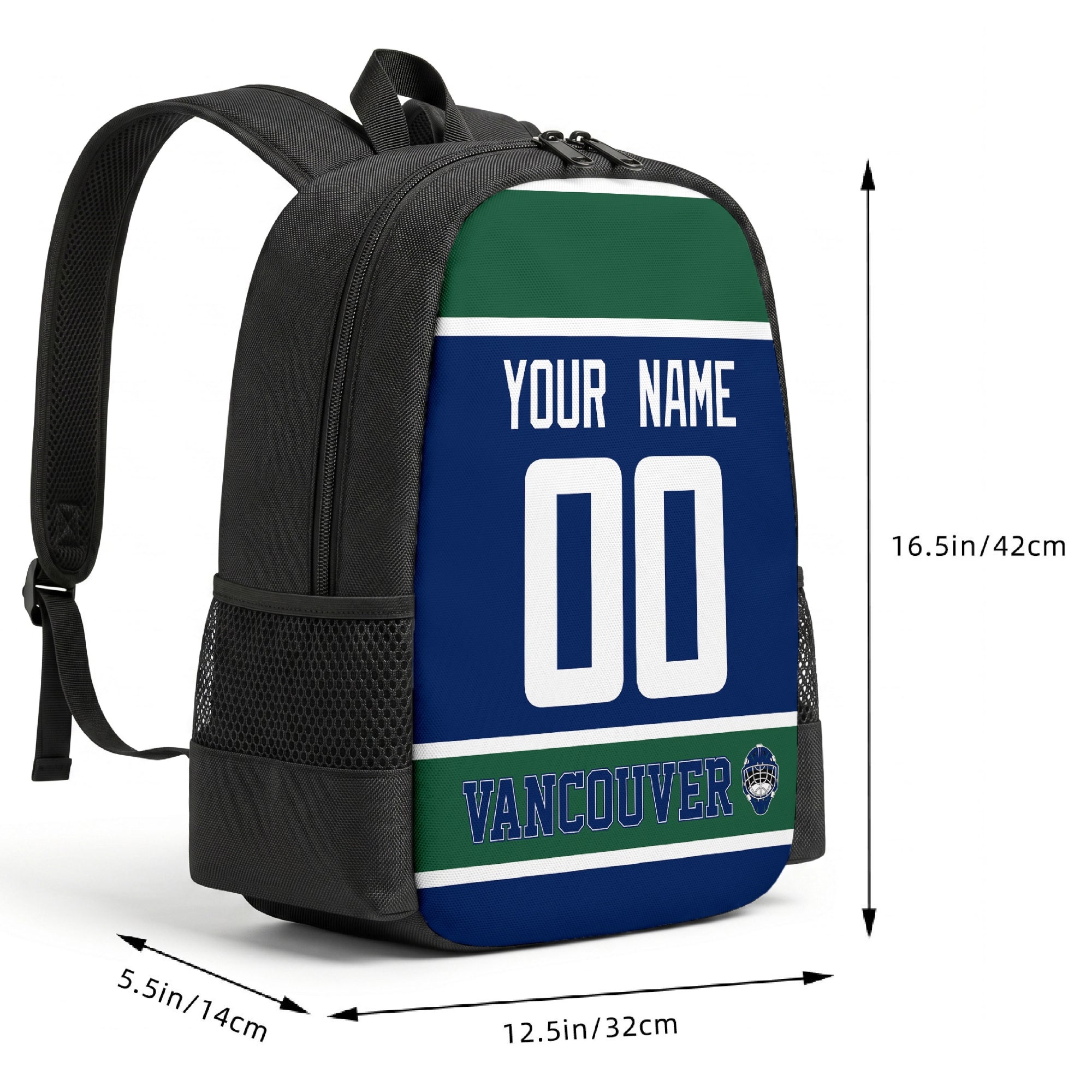 Vancouver custom hockey backpack size chart 16.5 by 12.5 by 5.5 inches