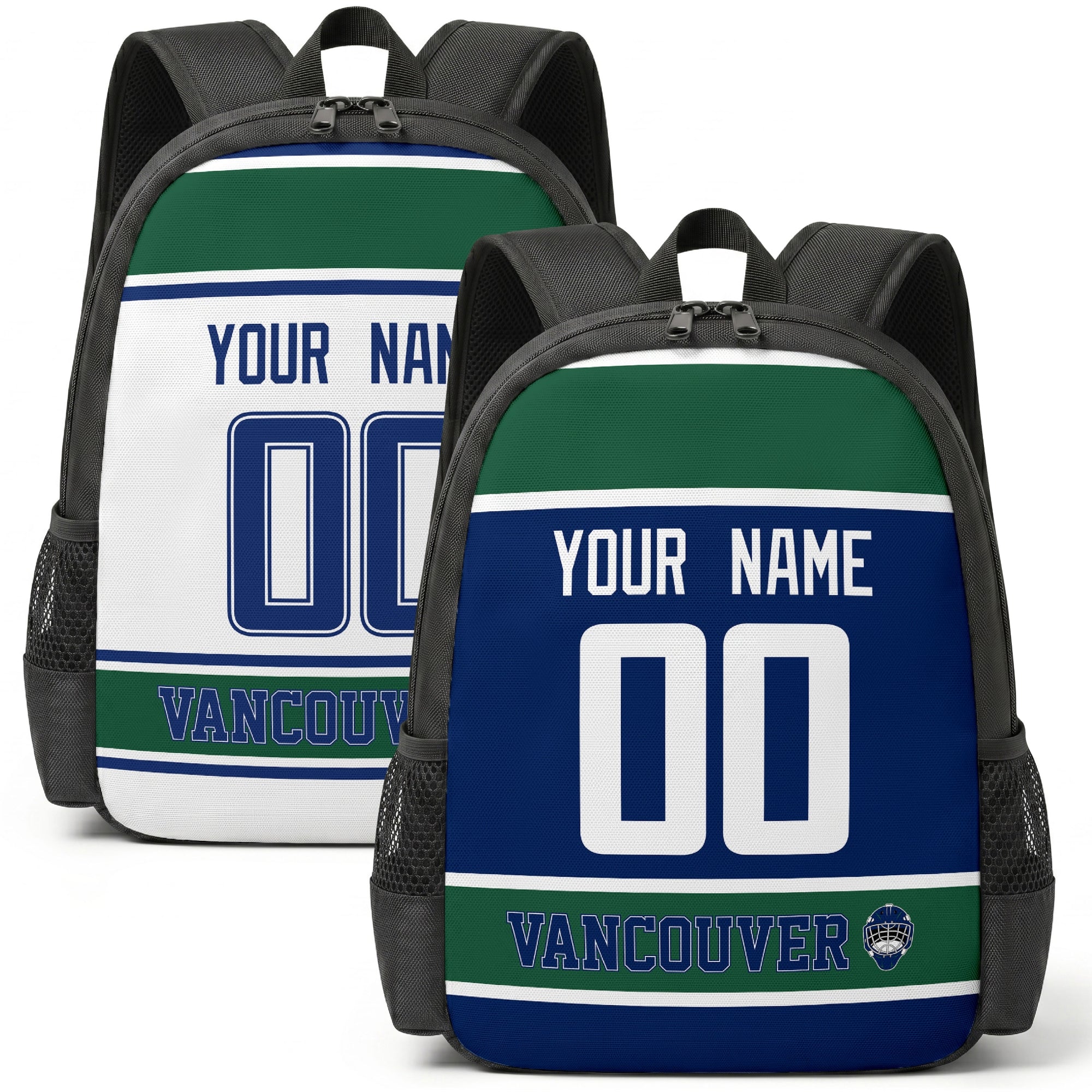Custom hockey backpack for Vancouver fans with name and number preview