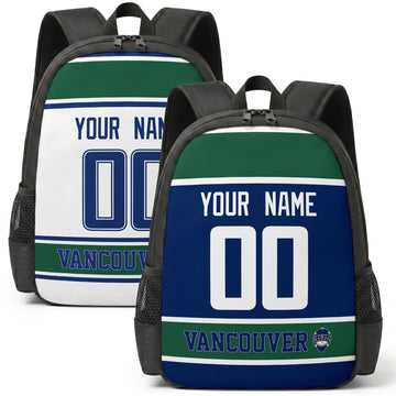 Custom hockey backpack for Vancouver fans with name and number preview
