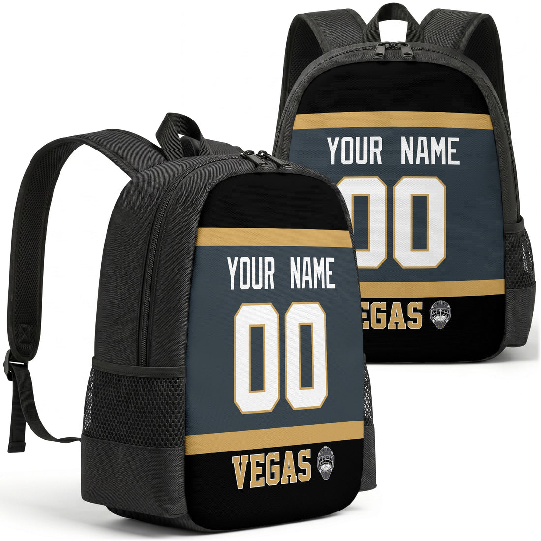 Custom hockey backpack for Vegas fans with name and number preview