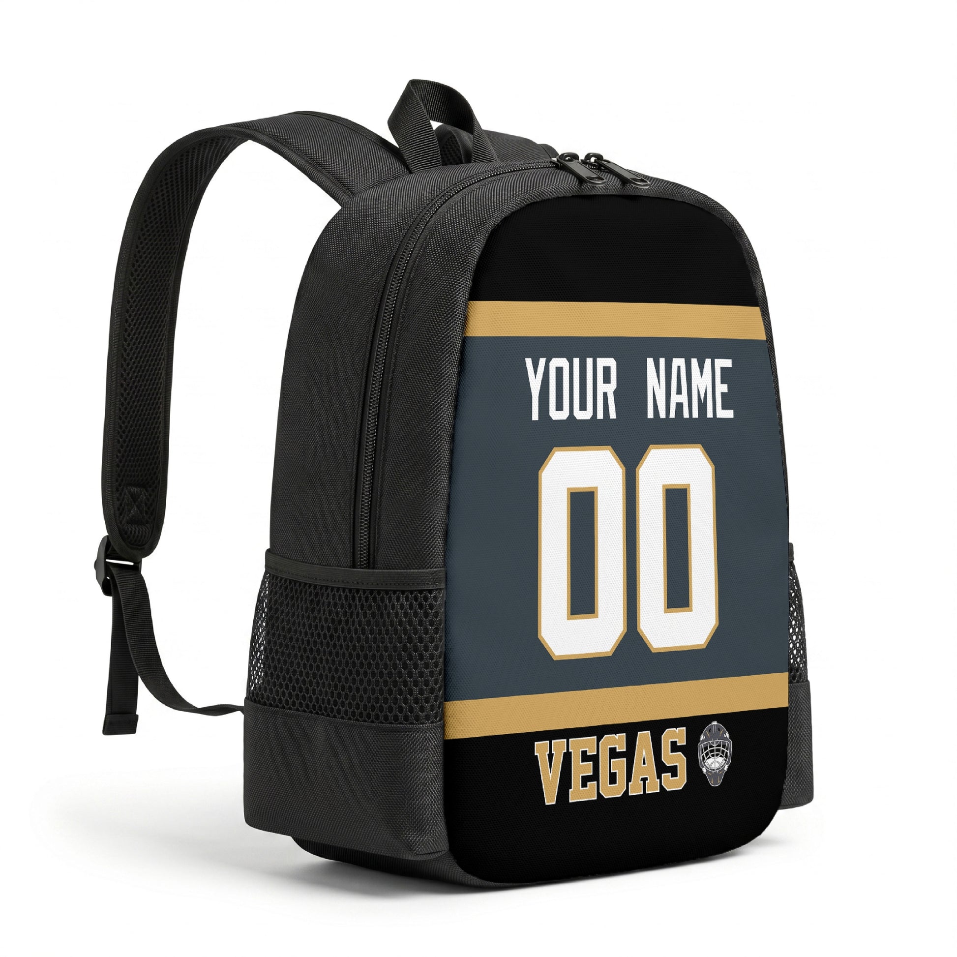 Vegas hockey backpack angled view with side pocket