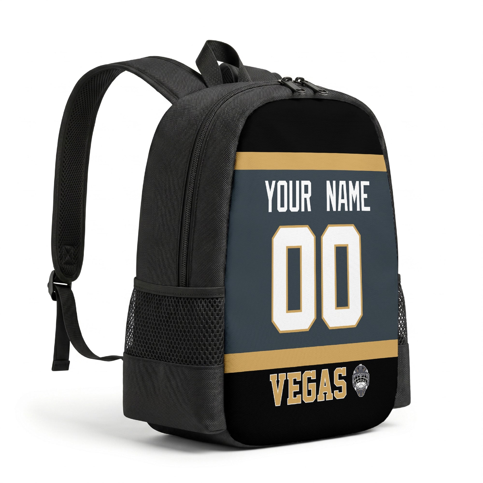 Vegas hockey backpack angled view with side pocket