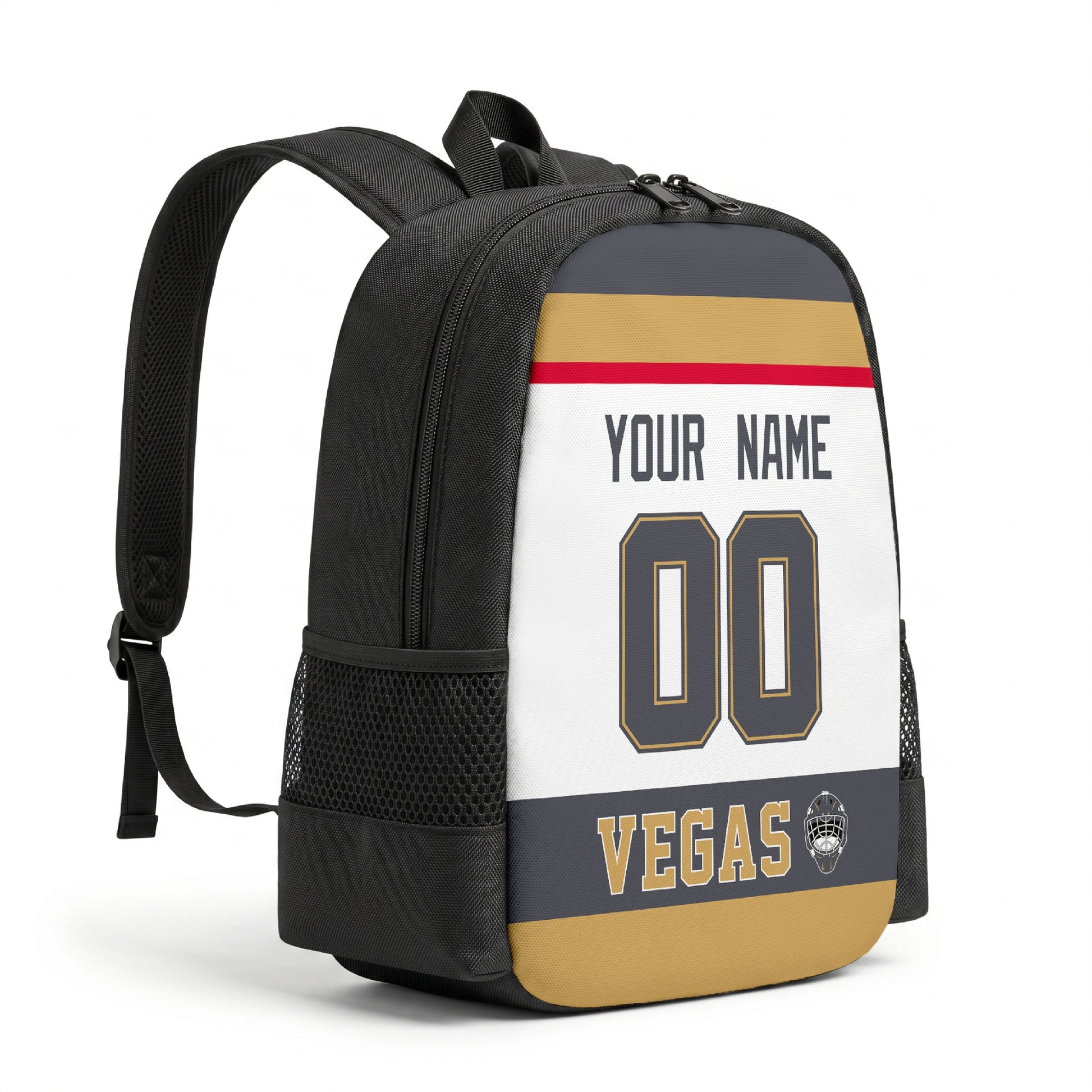 Vegas personalized hockey backpack alternate angled view with side pocket
