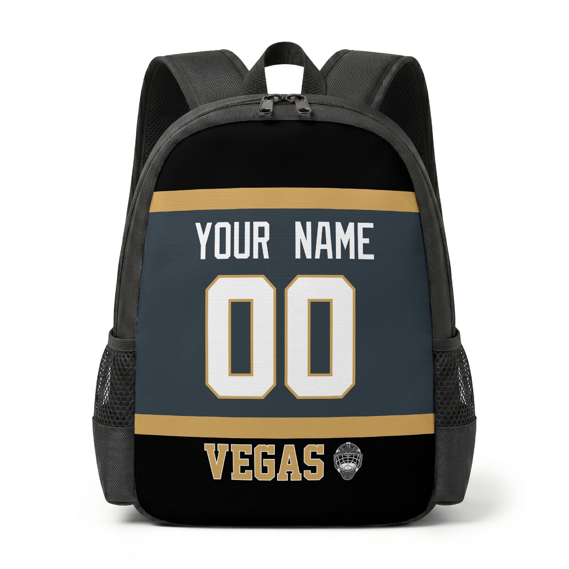 Vegas hockey backpack front view with custom name and number