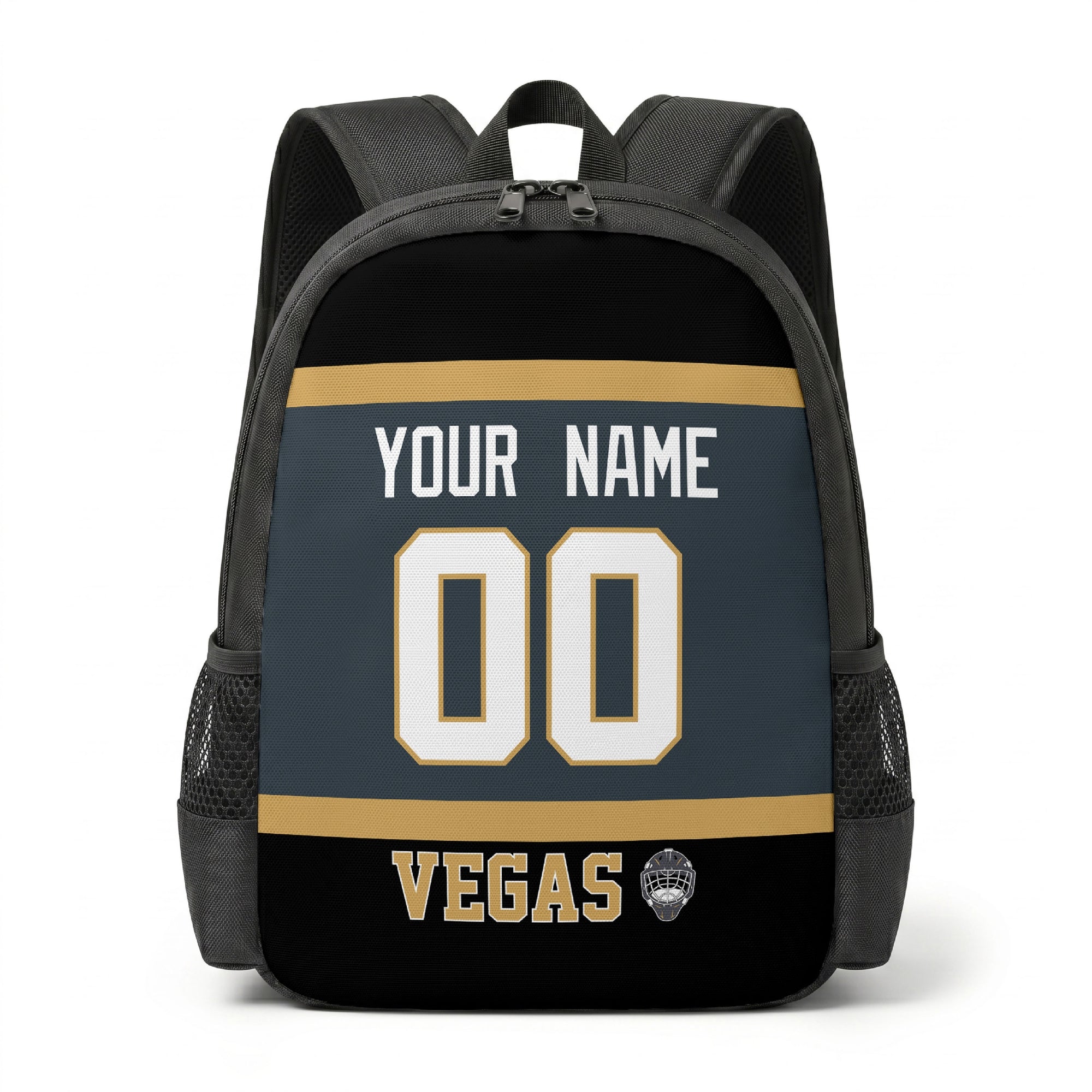 Vegas hockey backpack front view with custom name and number