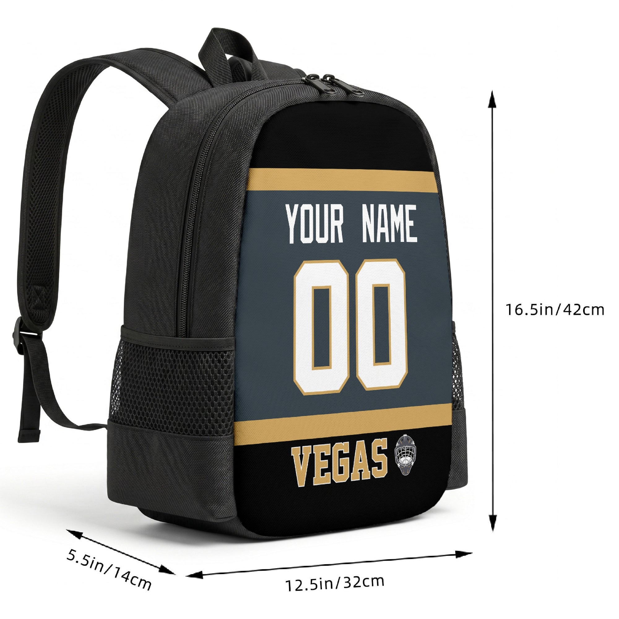 Vegas custom hockey backpack size chart 16.5 by 12.5 by 5.5 inches